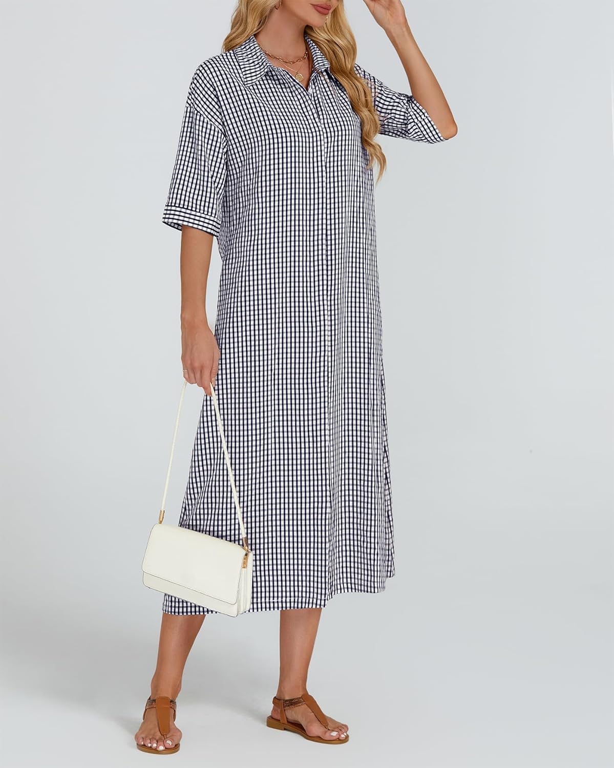Women's Half Sleeve Plaid Maxi Dress 2026 Spring Summer Gingham Casual Button Down Long Loose Belted Dress - Image 3