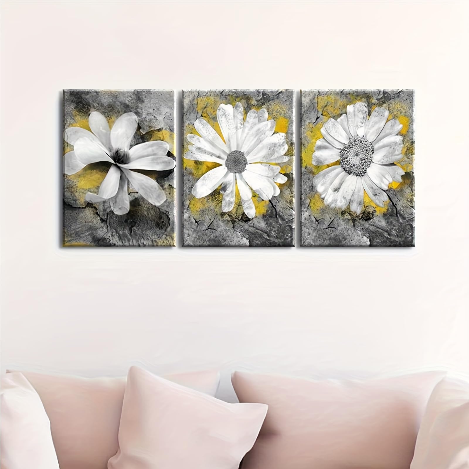 IXEHOH 3 Teiliges Leinwandbild Weiße Gänseblümchen Gelb Grau Abstrakt Blumen Bilder Wanddeko Wohnzimmer Modern Blumenbilder Wandbild Aesthetic Wall Art Vertical Wall Art Wandkunst 70x90cmx3
