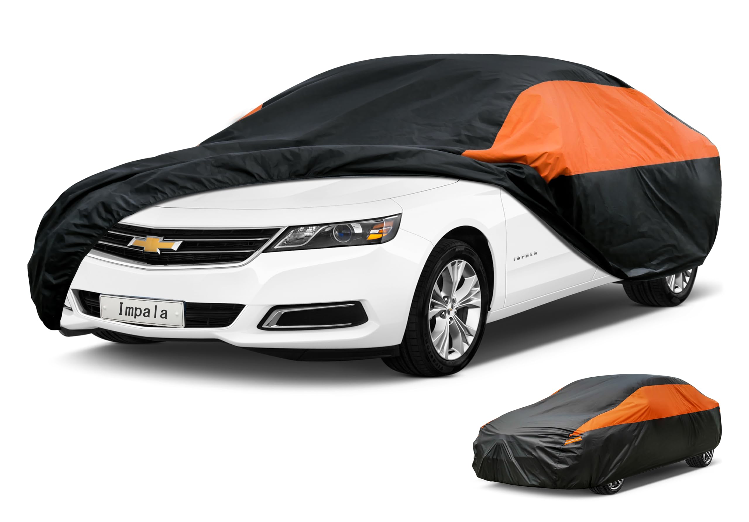 GUNHYI Waterproof Sedan Full Car Cover Custom Fit Chevrolet Chevy Impala | All‑weather Outdoor sun/rain/dust/snow/wind/UV protection, breathable lightweight fabric, black‑orange design,storage bag