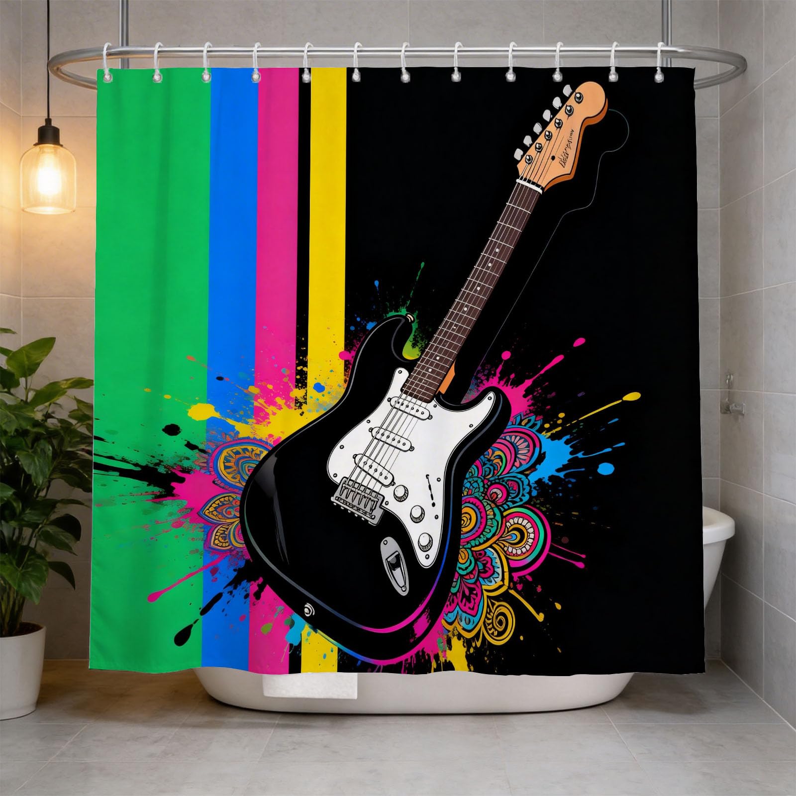 Hongduo 3D Cartoon Guitar Shower Curtain for Stalls Bathtubs Color Stripe Bathroom Decor Shower Curtain Set Polyester Fabric Waterproof 180x200cm/71X79 Inch with Hooks