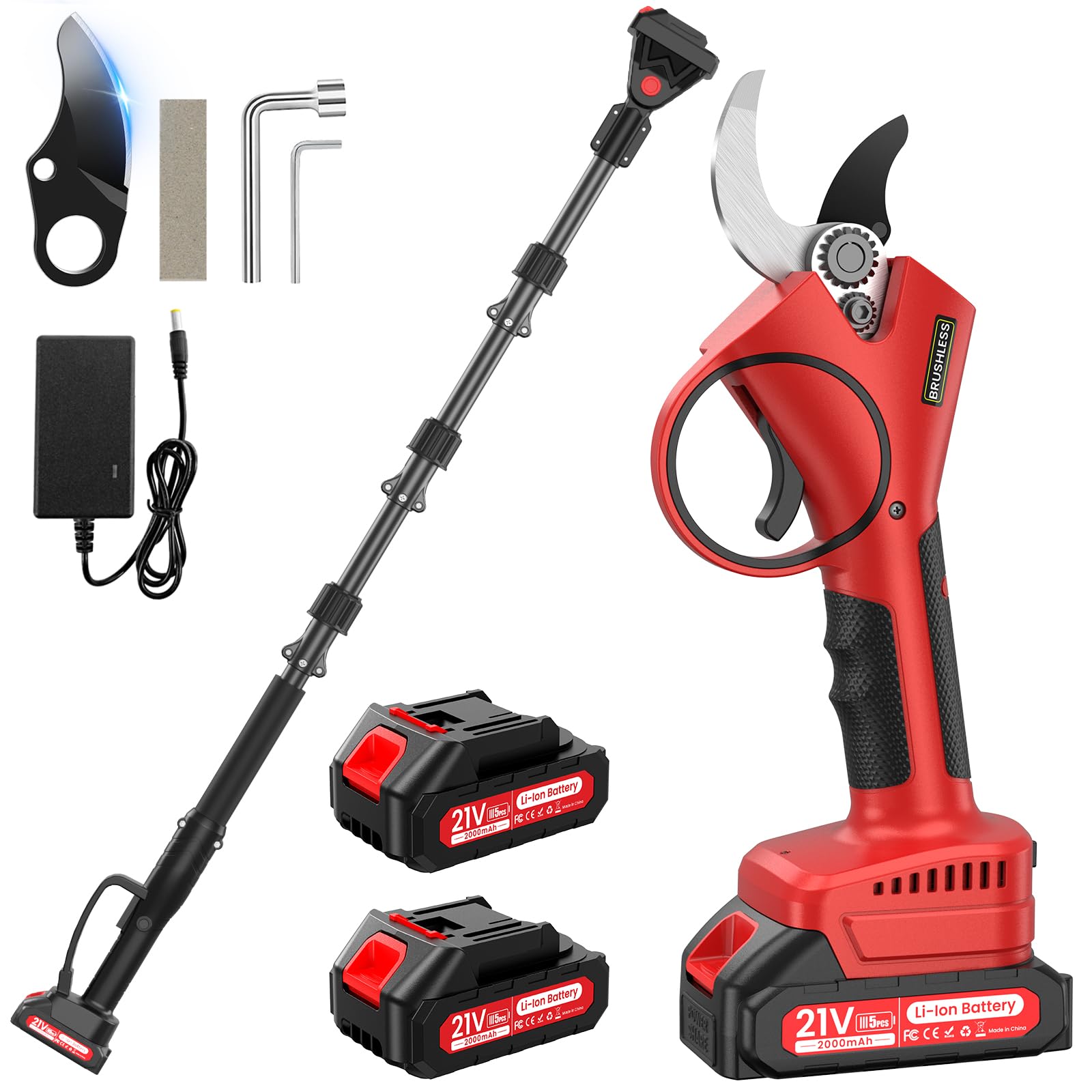 Sécateur électrique sans fil 2 en 1 télescopique avec 2 batteries