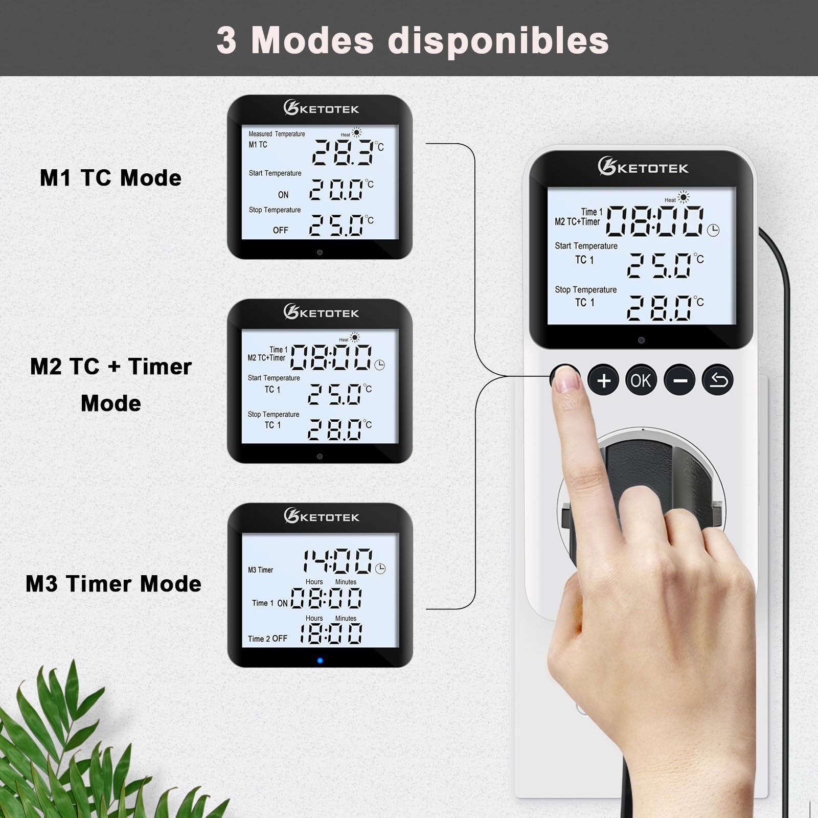 KETOTEK Prise Thermostat Jour/Nuit avec Rétro-éclairage, Régulateur de Température Numérique 220V avec Minuterie, Sonde de 3 Mètres, pour Reptile Terrarium Incubateur
