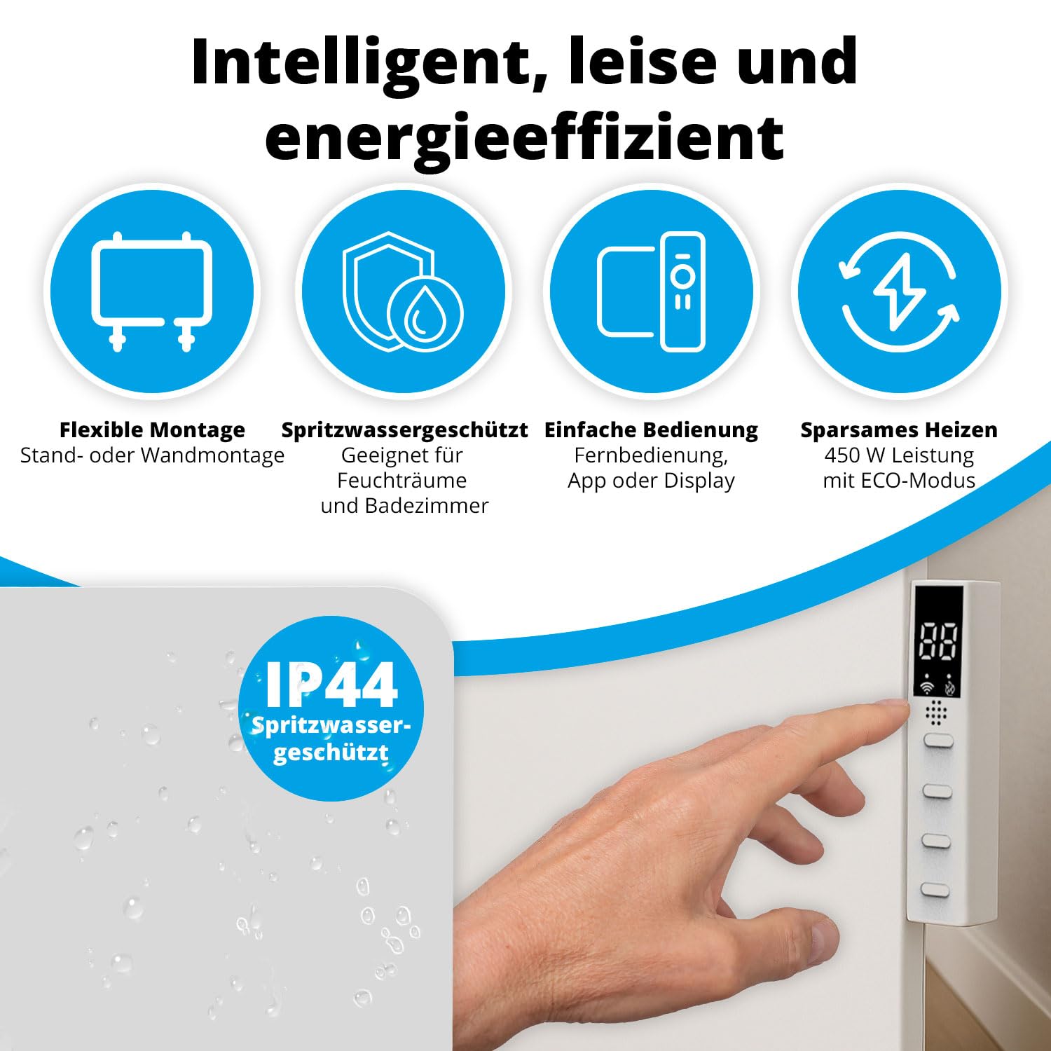 FlinQ 450W Smarte Infrarotheizung - Elektrischer Heizkörper | Infrarot Wandheizung & Standgerät - Elektroheizung für Badezimmer - Mit Thermostat - Weißes Panel