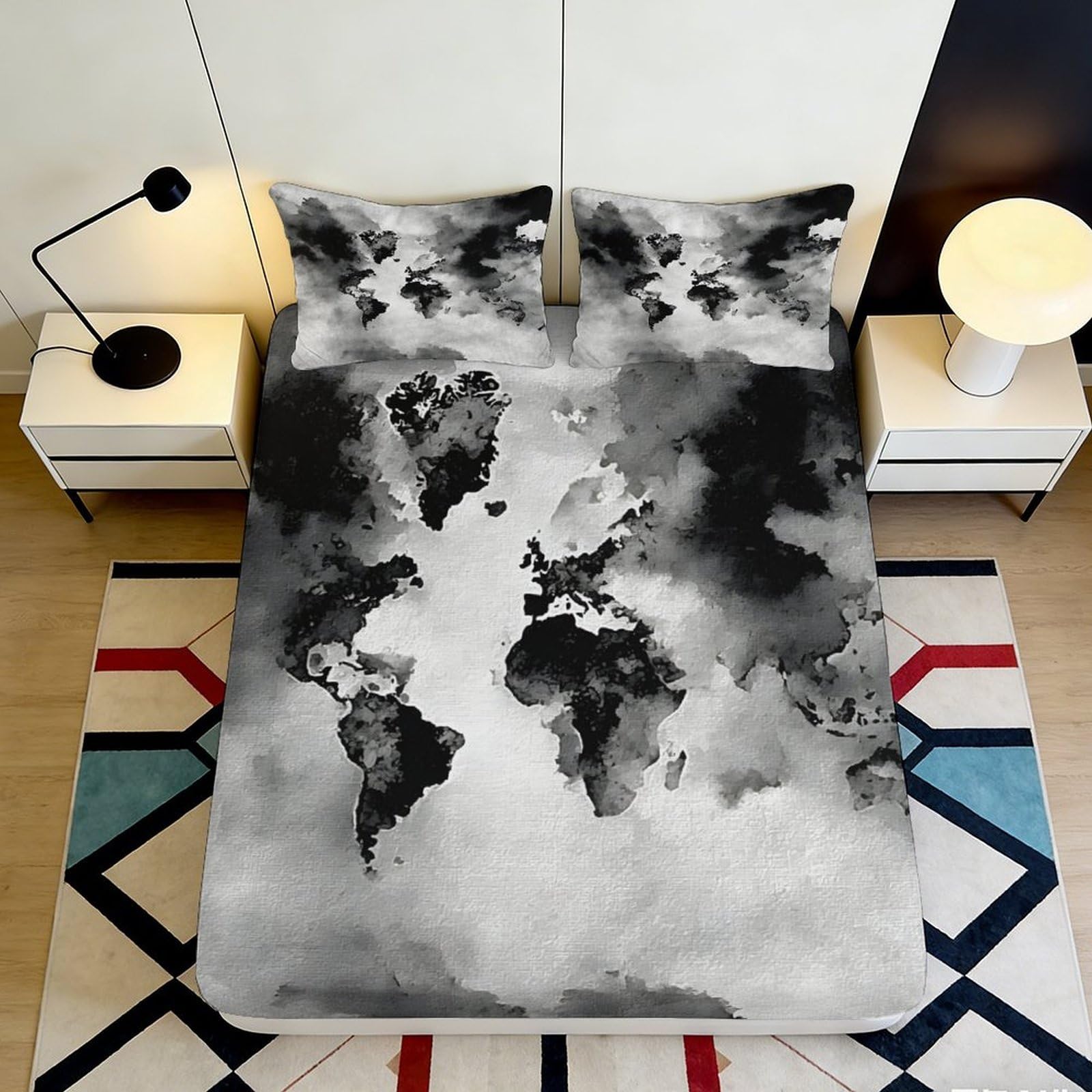 3D Printed Watercolor World Map Fitted Sheet Microfiber Black White Art Mattress Cover Bedroom Decor 180x200x25cm
