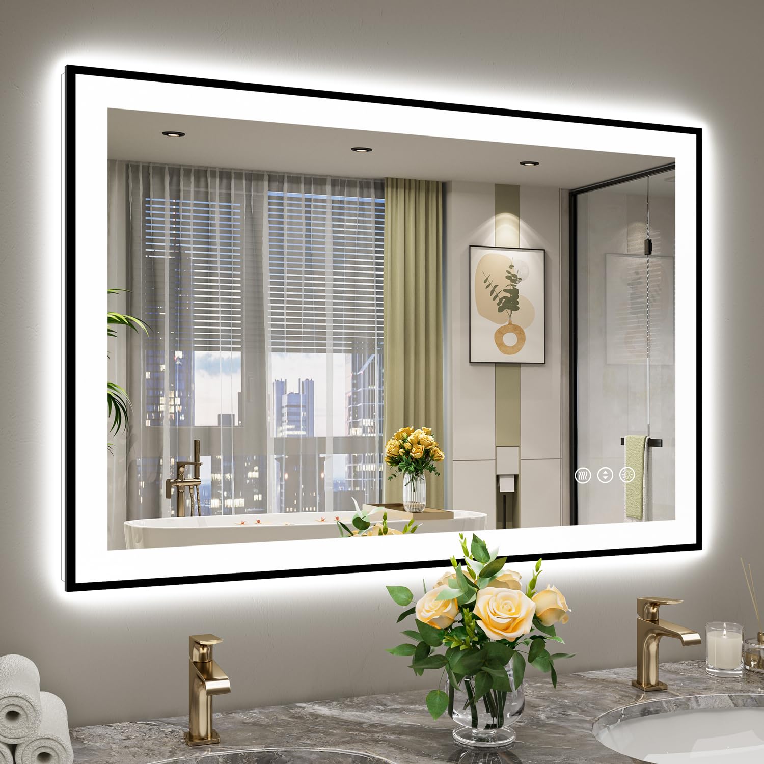 44x30 Inch Black Framed LED Bathroom Mirror