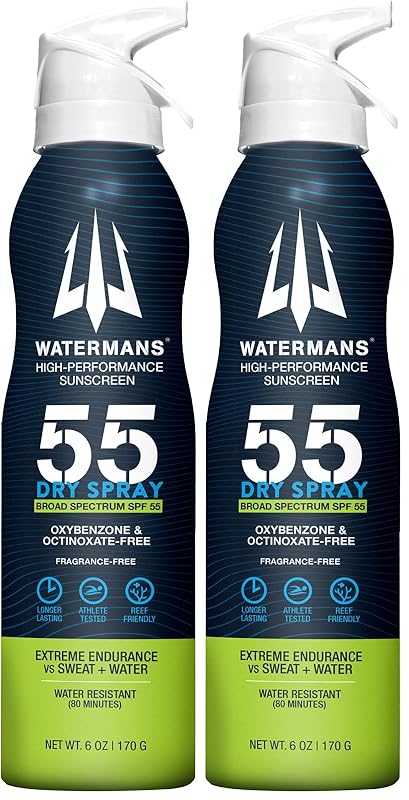 Protetor solar corporal em spray seco WATERMAN'S SPF 55 sem fragrância e sem oxibenzona, pacote com 2