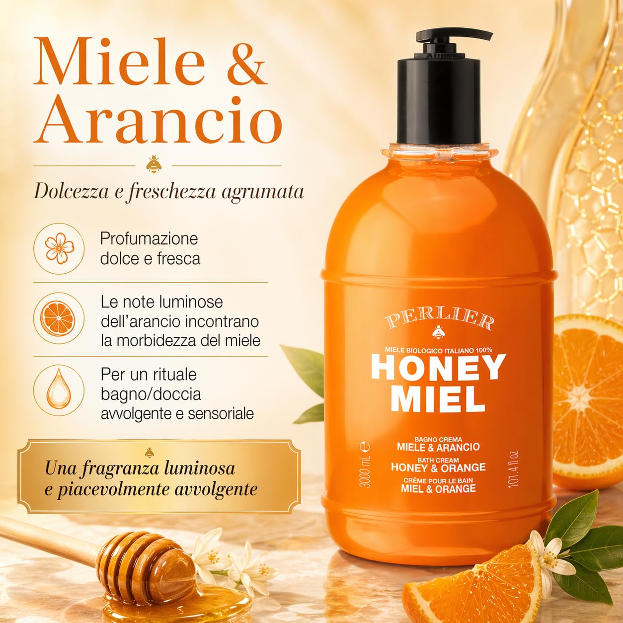 Perlier Honey Miel Bagno Crema Miele & Arancio 3 L con Dosatore – Detergente Corpo Nutriente, Profumazione Dolce e Agrumata, Pelle Morbida e Setosa, Maxi Formato
