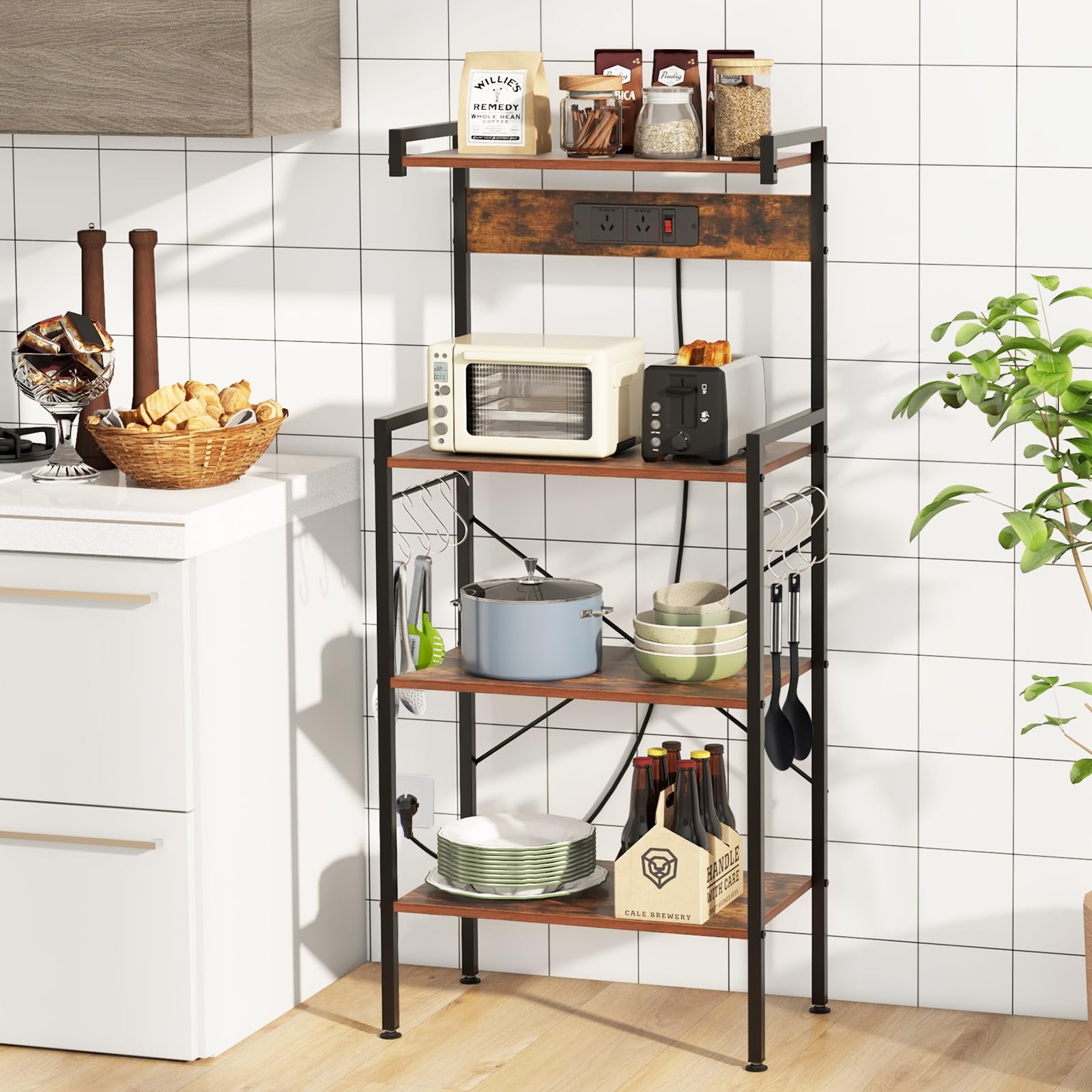 COSTWAY Keukenrek Met Stopcontacten, 4 Traps Magnetronrek 8 S Vormige Haken Staand Rek Voor Keuken Eetkamer Woonkamer Rustiek Bruin 1749817469