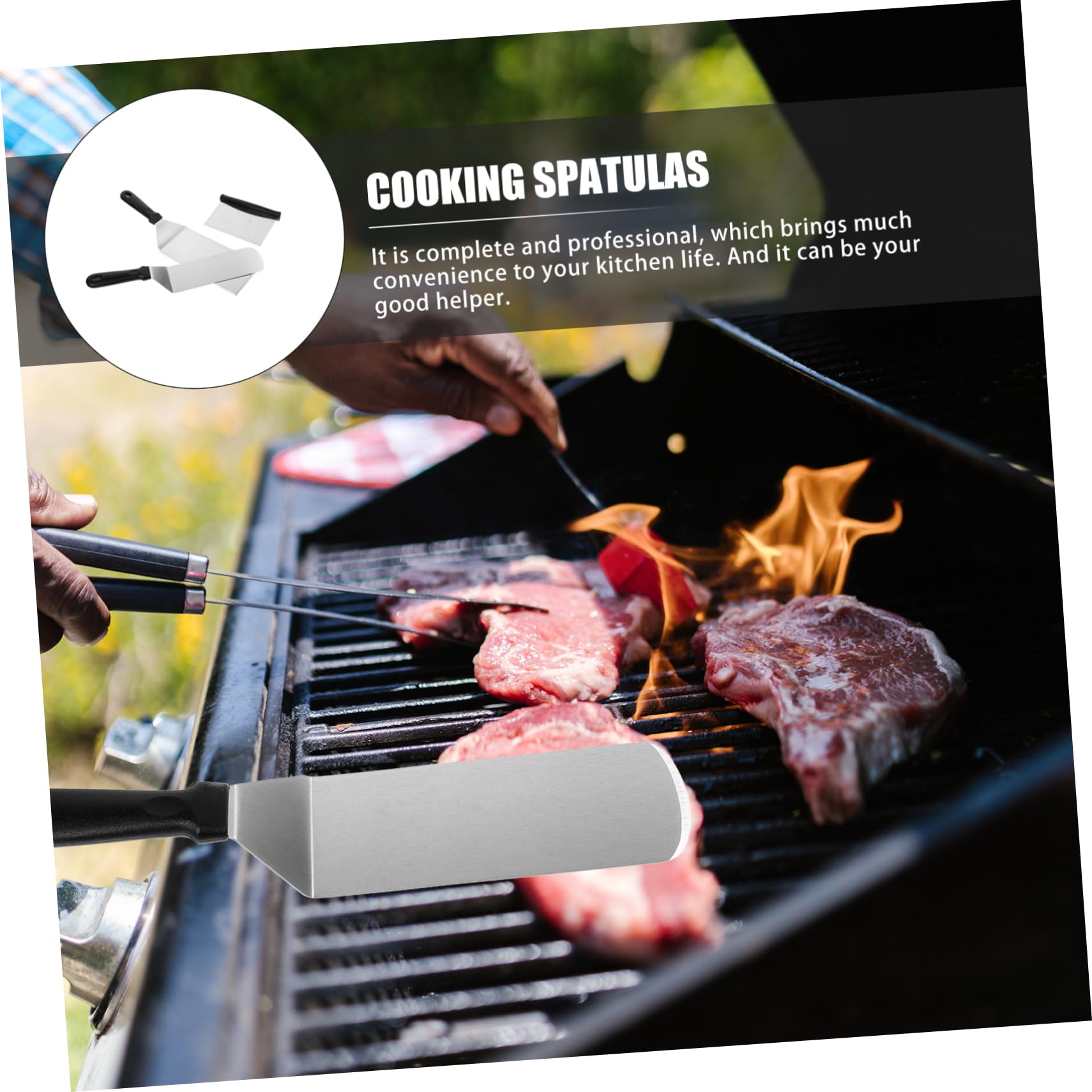 Spatola da Cucina in Acciaio Inox 3 Pezzi Set, Pala per Friggere Alimenti e Spatola per Bistecca, Utensile per Grigliata e Barbecue Professionale Adatto a Casa e Ristorante