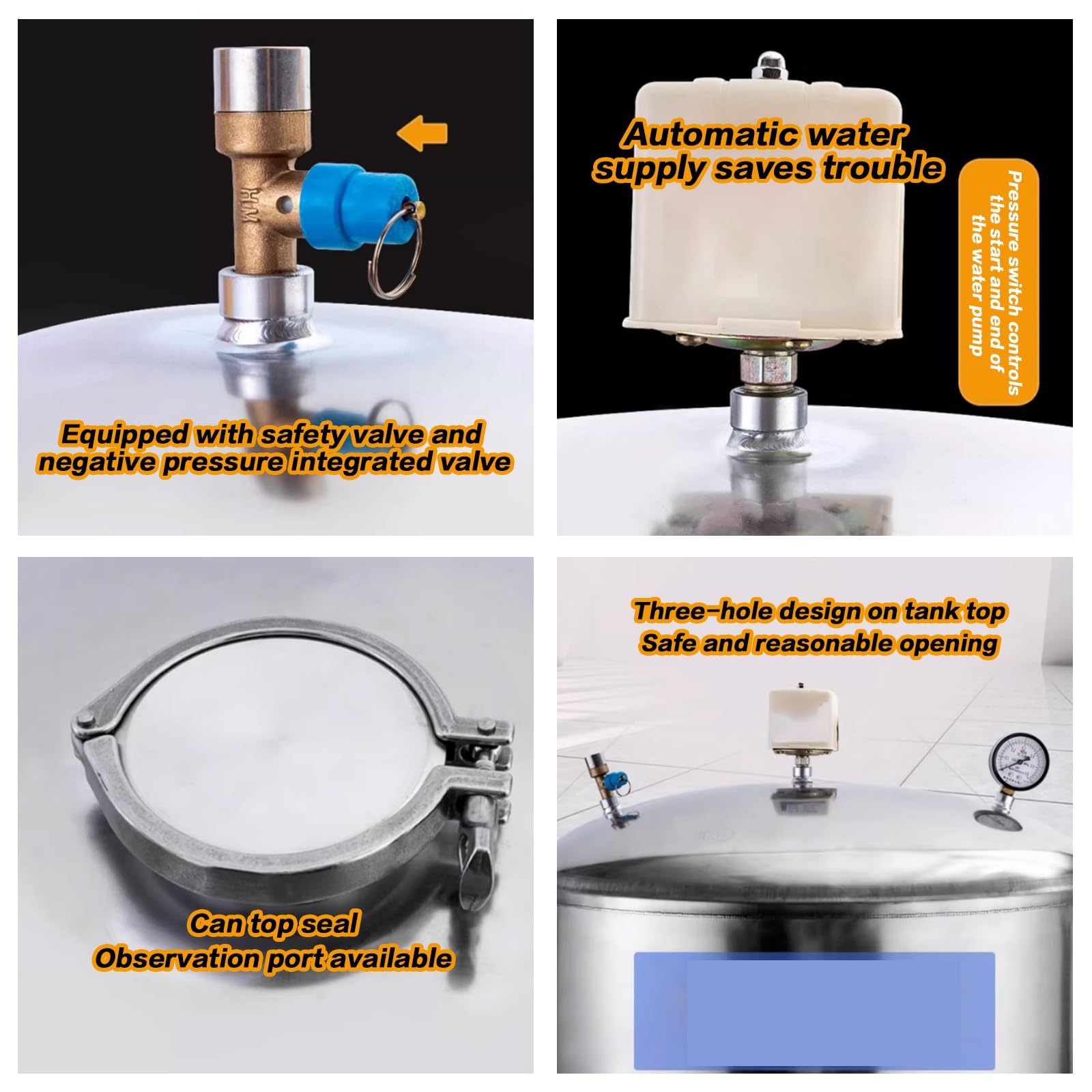 Depósito de presión de agua, acero inoxidable, gran capacidad, diseño horizontal para un almacenamiento y suministro eficientes de agua
