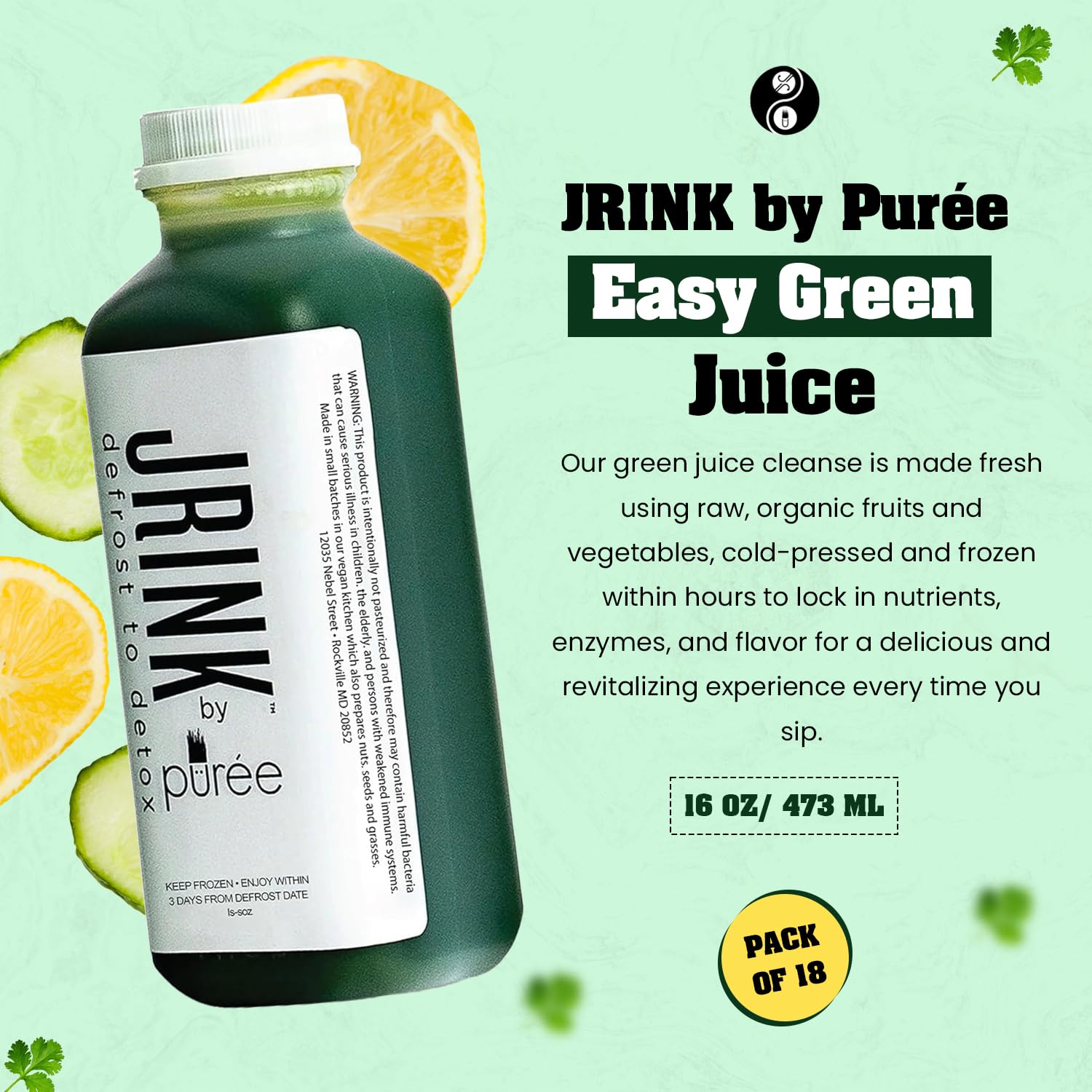 JRINK by Purée Easy Green Juice, Cold Pressed Organic Fruit and Vegetable Blend Detox Cleanse, Healthy Raw Greens Drink, No Preservatives Juice Cleanse, 16oz HDPE Bottles, Pack of 18