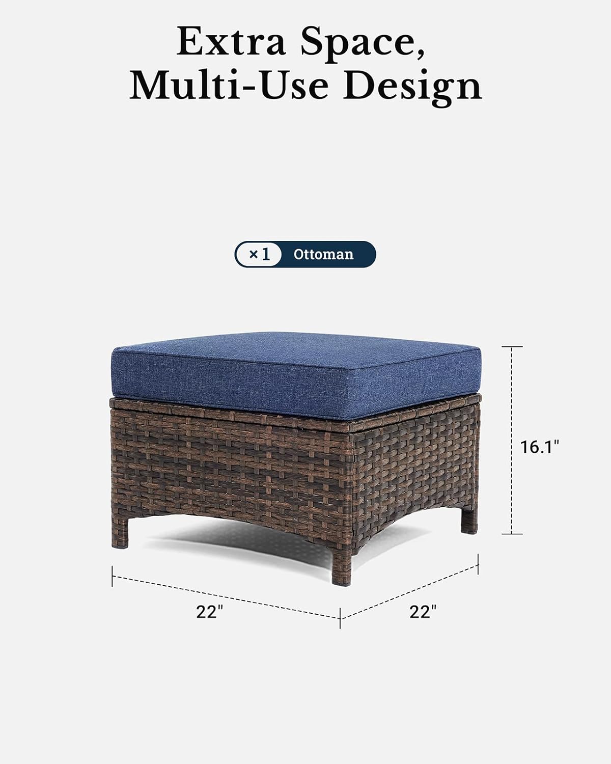 HILLGA Luxury 2PCS Patio Ottomans Footrest, Premium Wicker Steel Frame Outdoor Fabric, Comfortable Cushions, for Garden, Porch, Backyard and Deck (Blue)