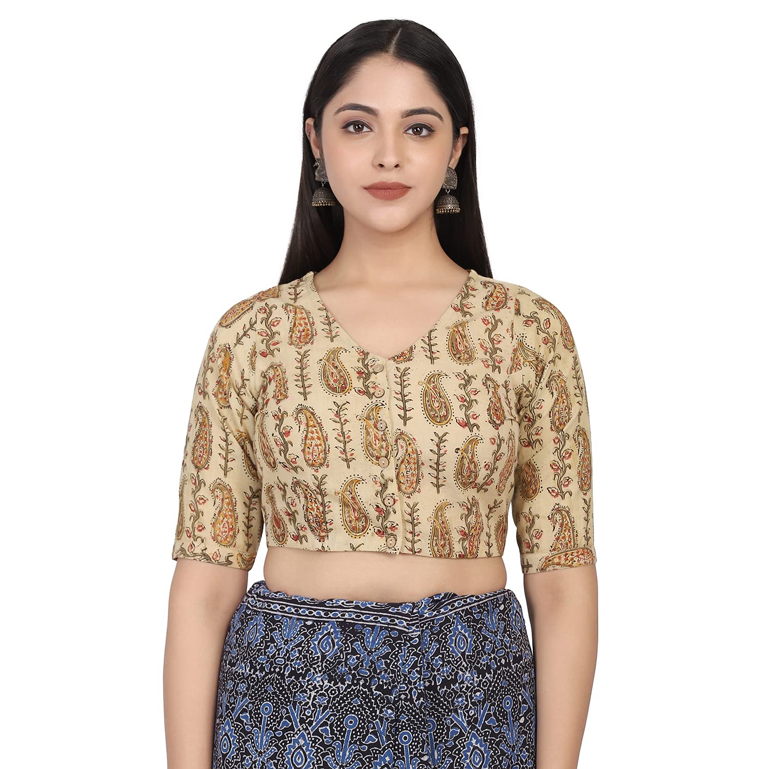 the weave traveller Beige V- Neck Kalamkari Hand Block Printed Cotton Casual Readymade Blouse-picture-36