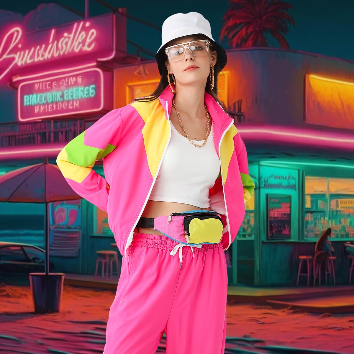 VillbeCoser Disfraz de los años 80 y 90 para mujer, chándal con riñonera, sombrero de gueto, gafas, collar, pendientes, discoteca, carnaval, fiesta temática, disfraz, botón de baño