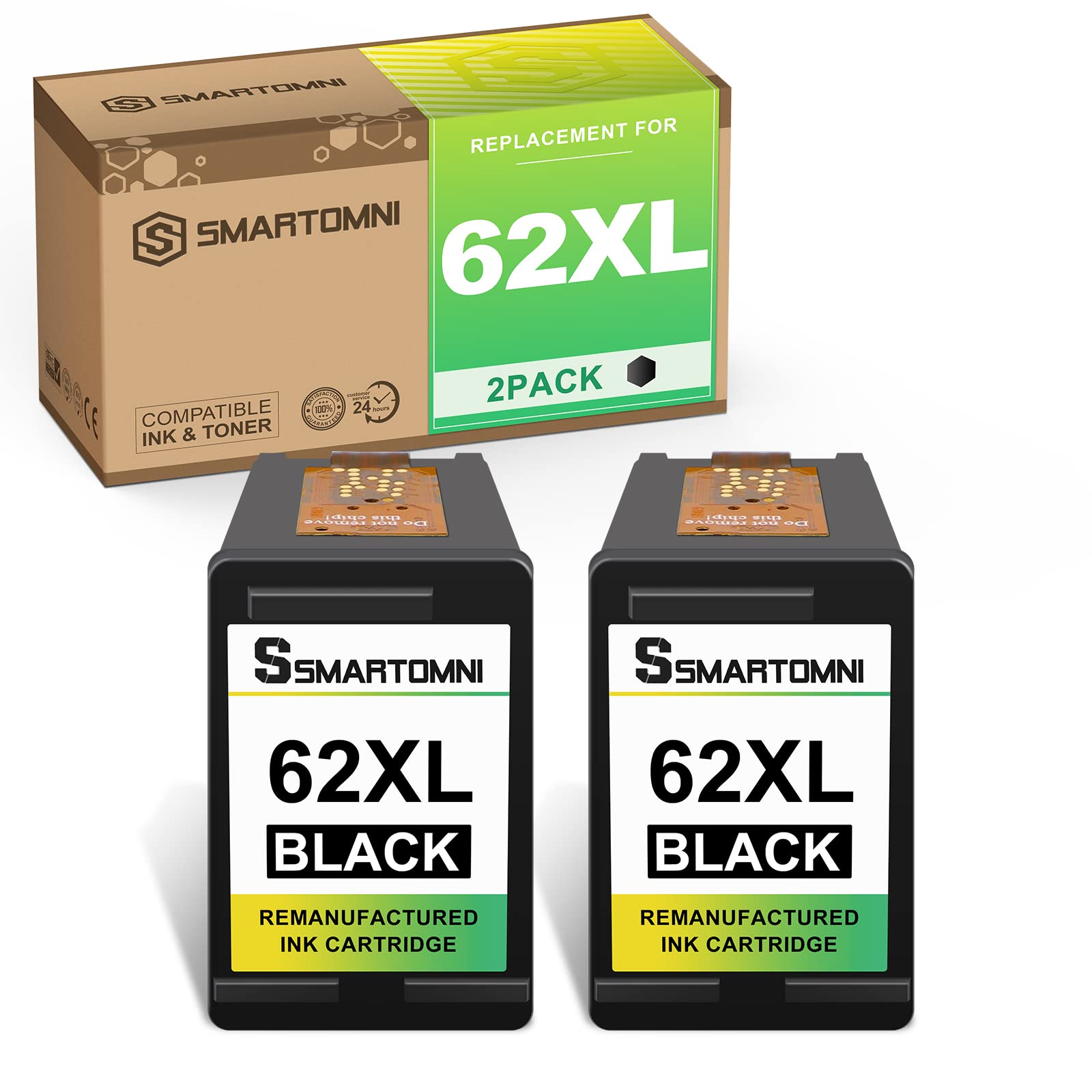 S SMARTOMNI 62XL Black Ink Cartridge Replacement for HP 62 62XL Ink Cartridges Combo Pack Black for HP OfficeJet 5740 5745 5746 8040 200 250 HP Envy 5545 5660 5665 7640 (2 Pack, Black)