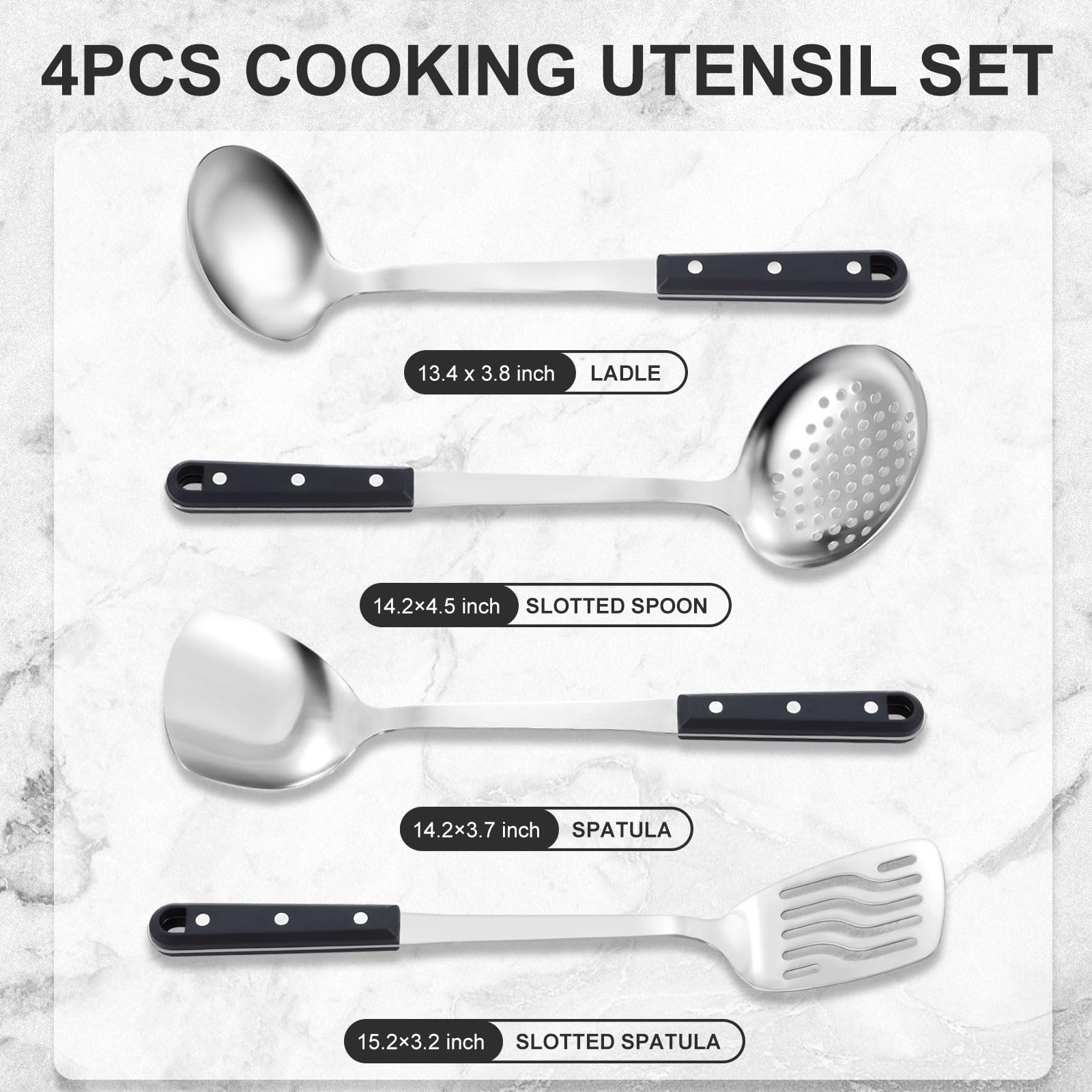 Pleafind Set di 4 utensili da cucina, utensili da cucina in acciaio inossidabile, set essenziale da cucina lucidato a specchio, include mestolo wok, cucchiaio scanalato, spatola wok e spatola