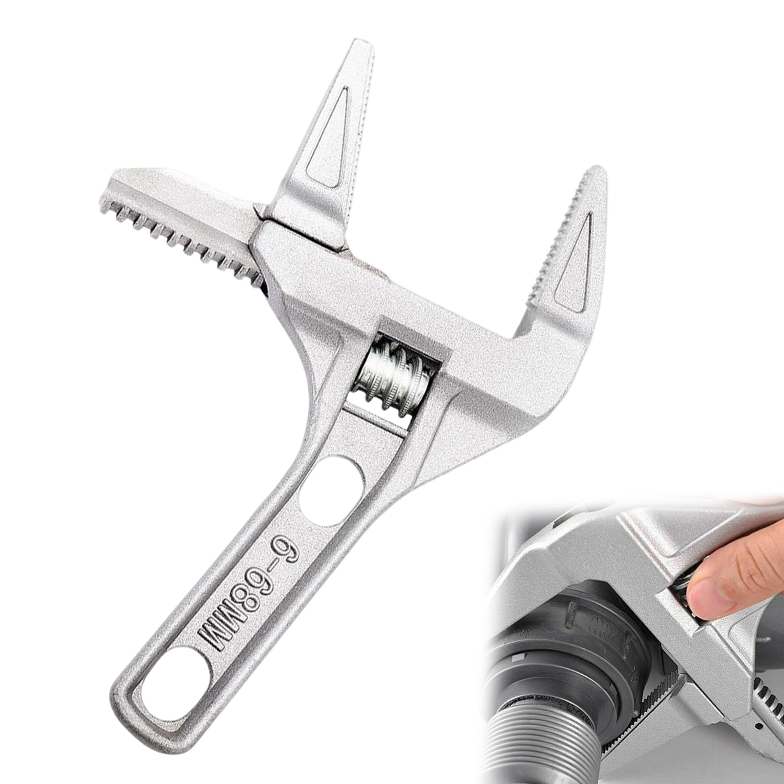 Chersun Metallic Silver Adjustable Spanner Wrench 6-68Mm Wide Jaw Opening Plumbing Spanner With Short Handle Ultra-Thin, 200Mm Aluminum Alloy Plumbers Wrench For Bathroom, Washbasin,Tube, Home Use (Silver)