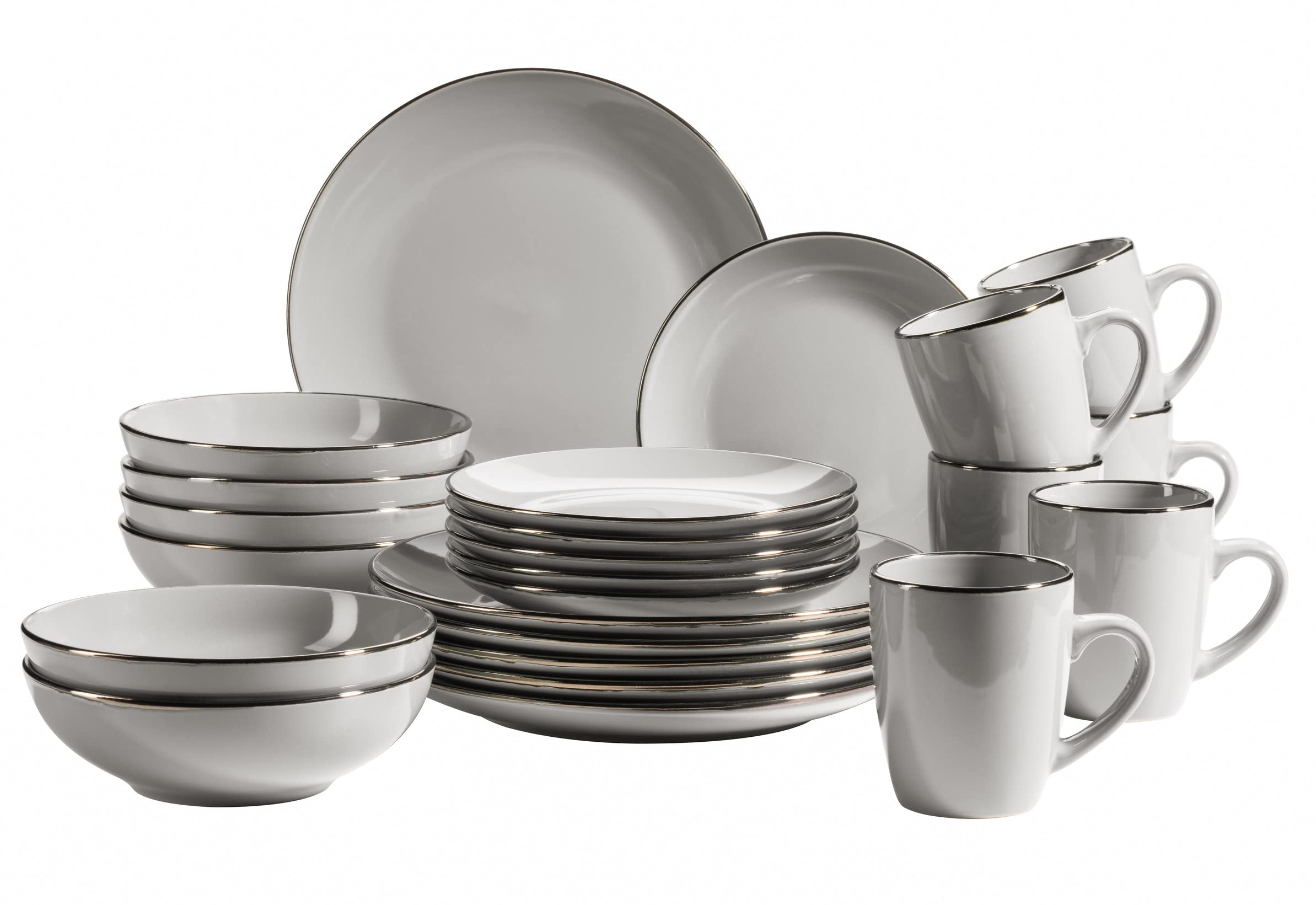 MÄSER Metallic Rim Modern Crockery Set for 6 People with Brass Trim 24 Piece Coupe Dinner Set with Rimless Shapes, Stoneware, Grey