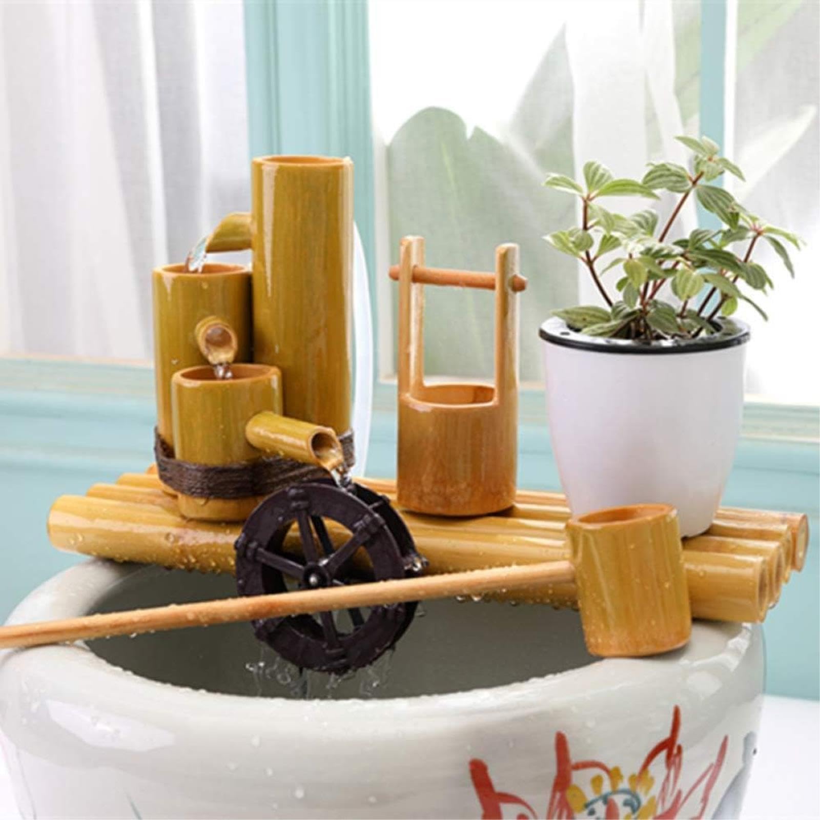 Fuente de bambú, Elemento acuático para jardín Zen, Cascada de Mesa para Interiores, Adorno acuático de bambú con Bomba, decoración para balcón, césped, Estanque, pecera, 21,7 pulg