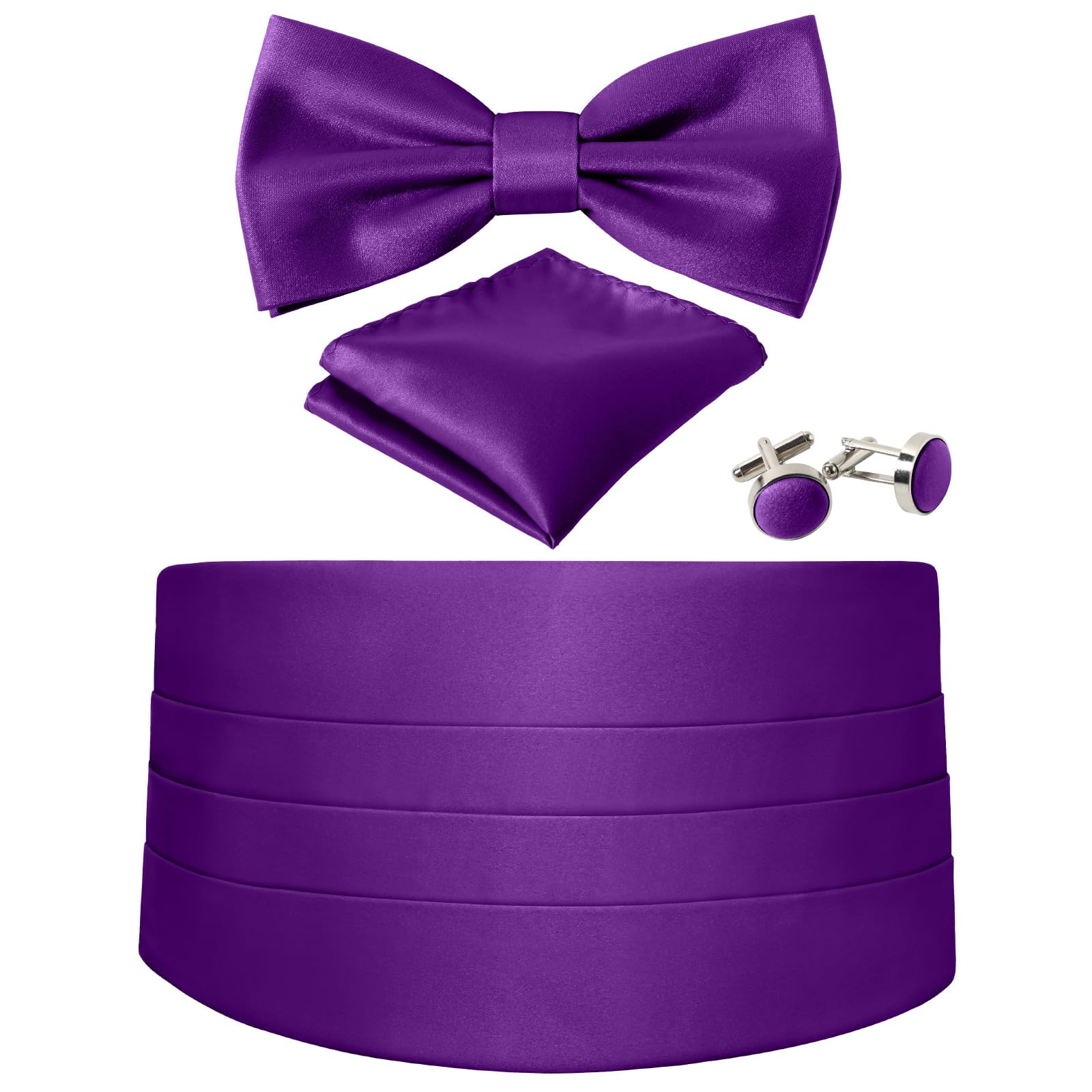 JUNMEISICummerbund and Bow Tie Set Solid Color Adjustable Formal Men's Black Cumberbund Bowtie Cufflinks Set & Pocket Squares