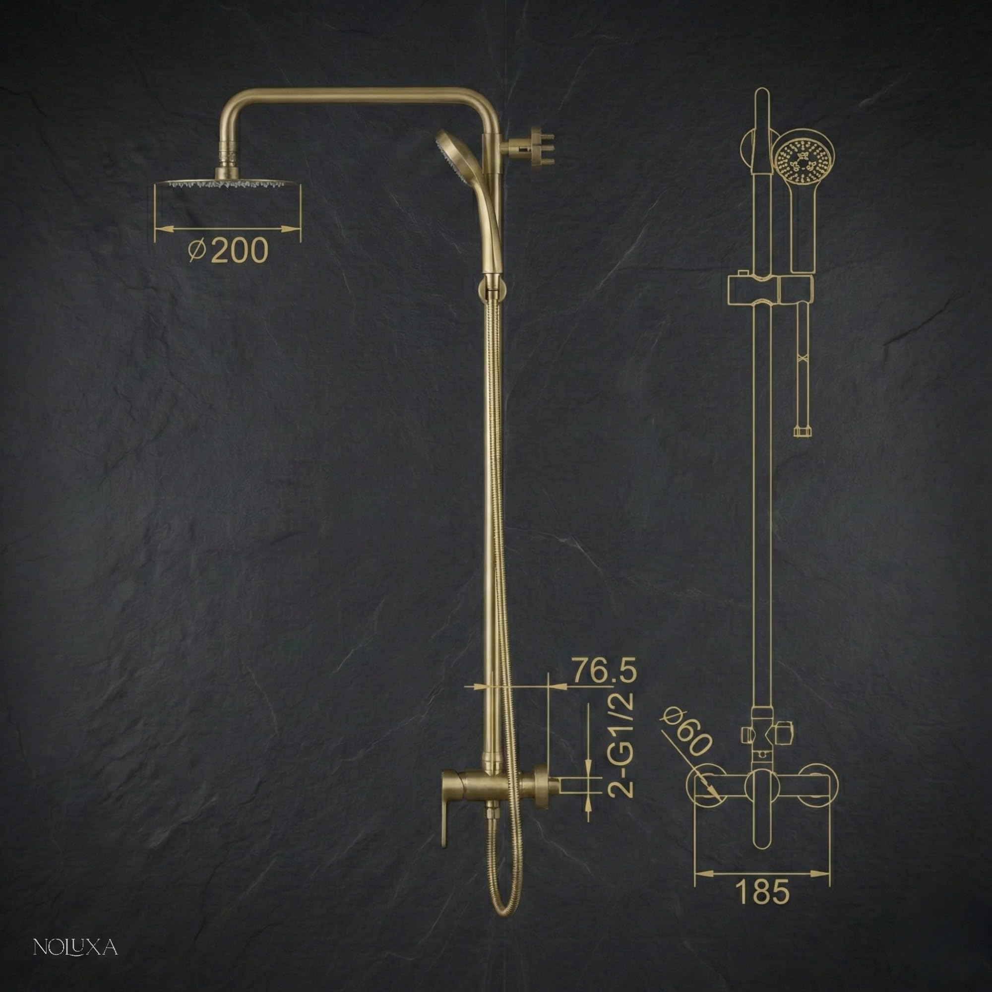 IMEX - Columna Ducha Oro Cepillado con Grifo | Conjunto de Ducha Monomando con Alcachofa y Rociador Antical | Griferia en Latón y Acero Inox S.304 con Barra Extensible | Serie Roma
