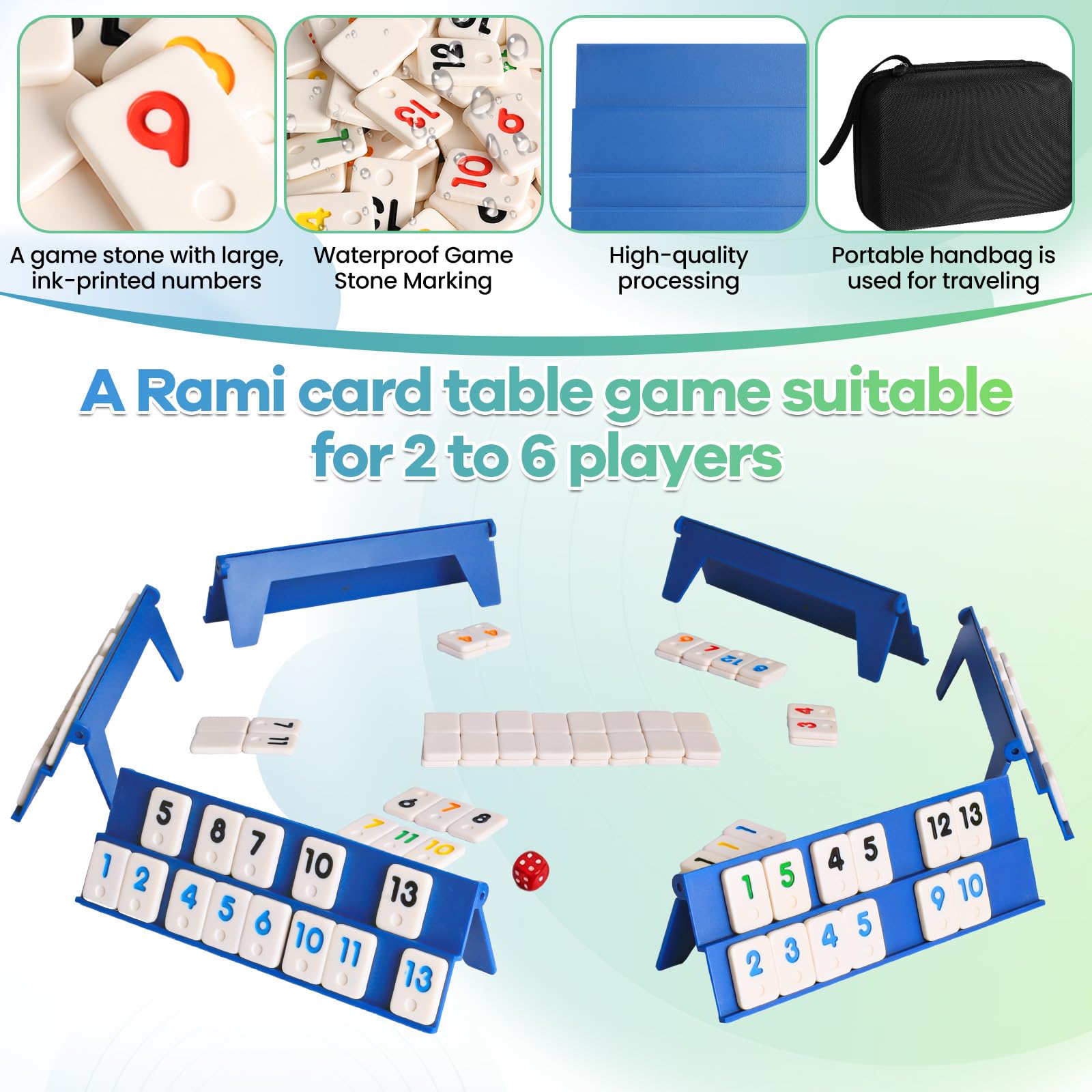 Rummy Cup Original Rummy Juego de viaje con cordón de almacenamiento para adultos, 160 piedras, juego de mesa Rummy Cup para 2-6 jugadores, con 6 soportes de juego, 1 dados juegos de mesa