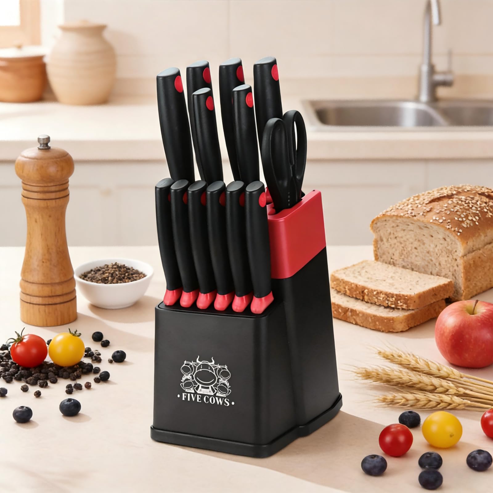 Couteau Cuisine, 14 pièces Couteaux de Cuisine avec Bloc, avec Aiguiseur Intégré, Set de Couteaux à Steak, X50CR15, Bloc Couteaux Cuisine avec à Pain, Couteau à Fruits et Ciseaux (Rouge)