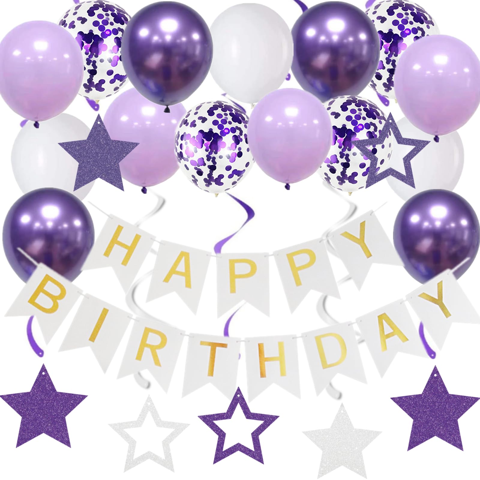 Happy Birthday Banner, Purple Birthday Decoration,16 Pcs 12in Happy Birthday Balloons, Star Hanging Swirl Streamer, Women Girls Birthday Party Decoration