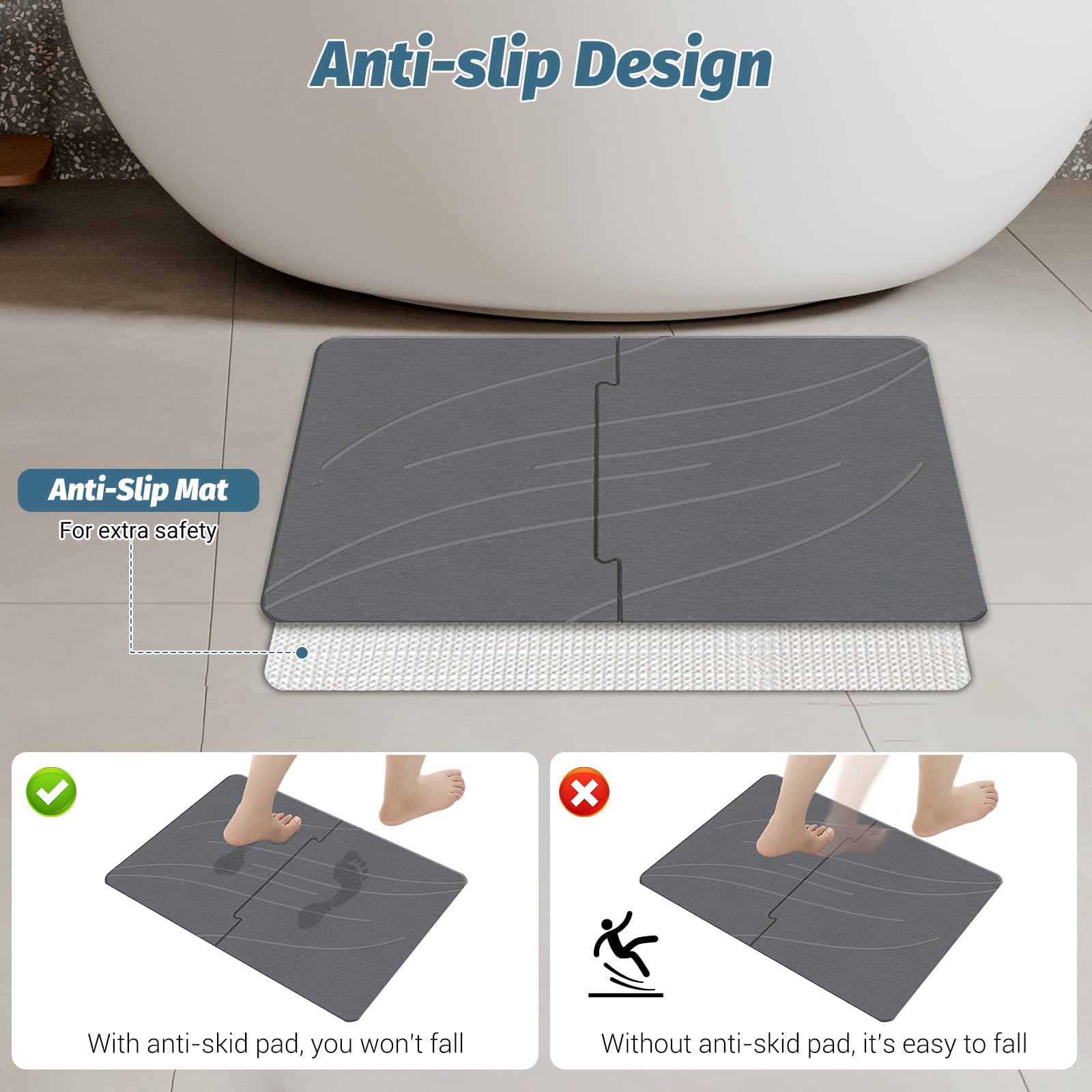 Badematte Stein, Duschvorleger Schnelltrocknend, Diatomite Stone Bath Mat, rutschfest Duschmatte, Super Saugfähig Badezimmermatte, 60 x 39 cm