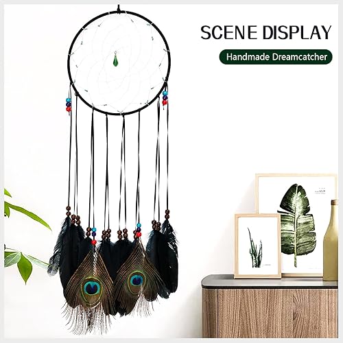 Miniatura 5 de FeelfunFeather 3 piezas de atrapasueños negros tradicionales con diseño de luna, sol, estrella y plumas negras y de pavo real para niños para colgar