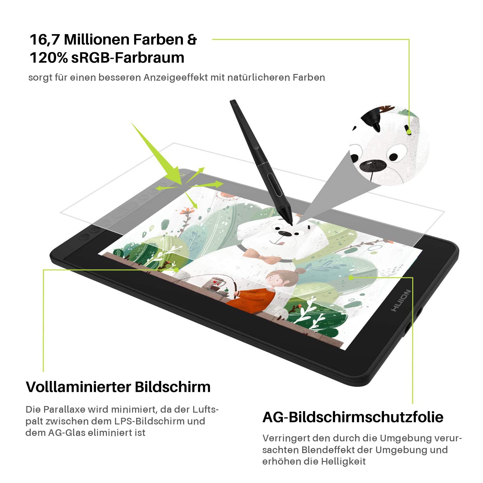 HUION Kamvas 12 Grafiktablett mit Display, 11,6 Zoll Stift-Display mit batterielosem Stift, 8 Expresstasten, verstellbarem Standfuß, Zeichentablett für Switch Spiel, ferngesteuertes Lernen, Arbeiten