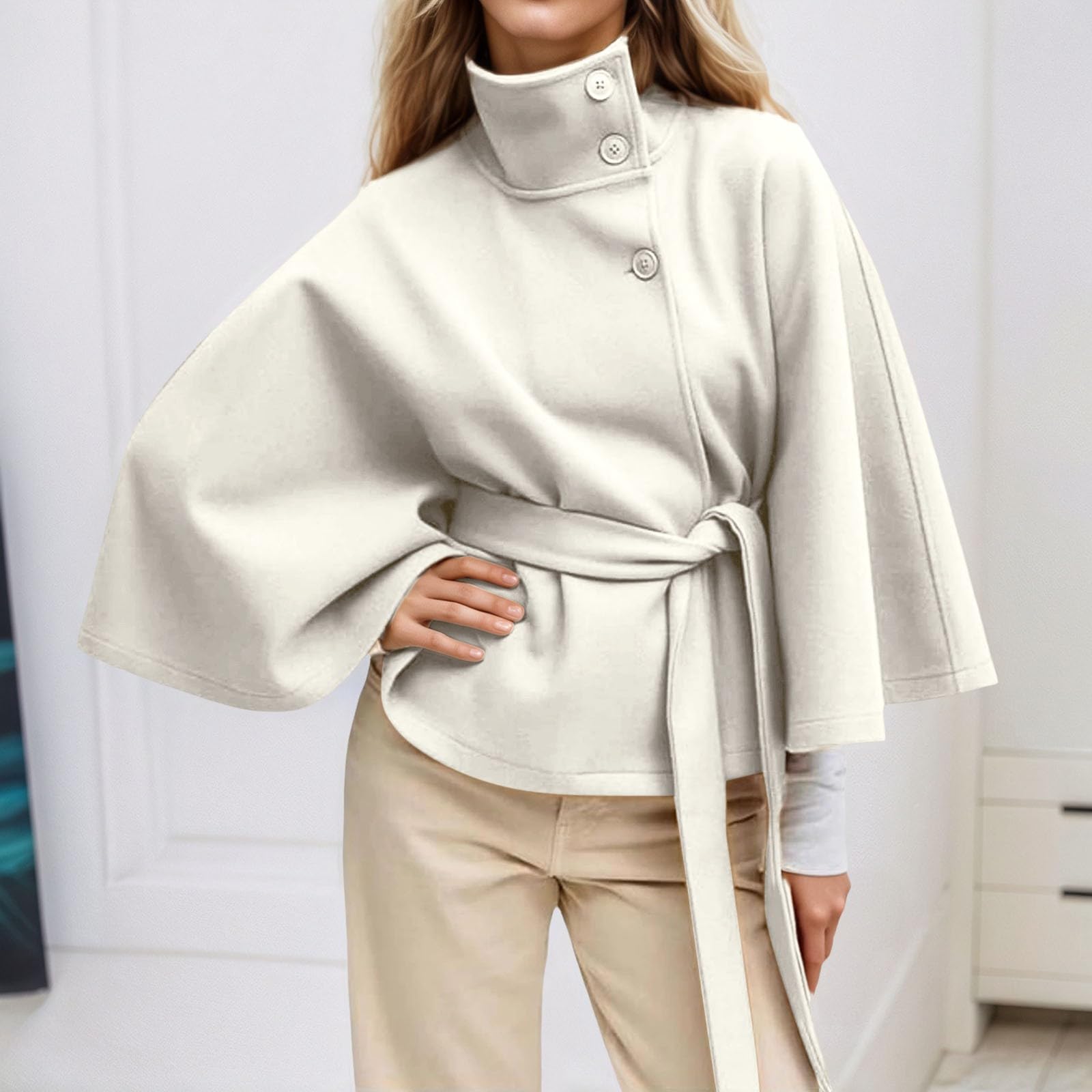 Maniche a pipipistrello Poncho Cappotto Collo Alto Cintura Capes Giacca Inverno Cropped Overcoat
