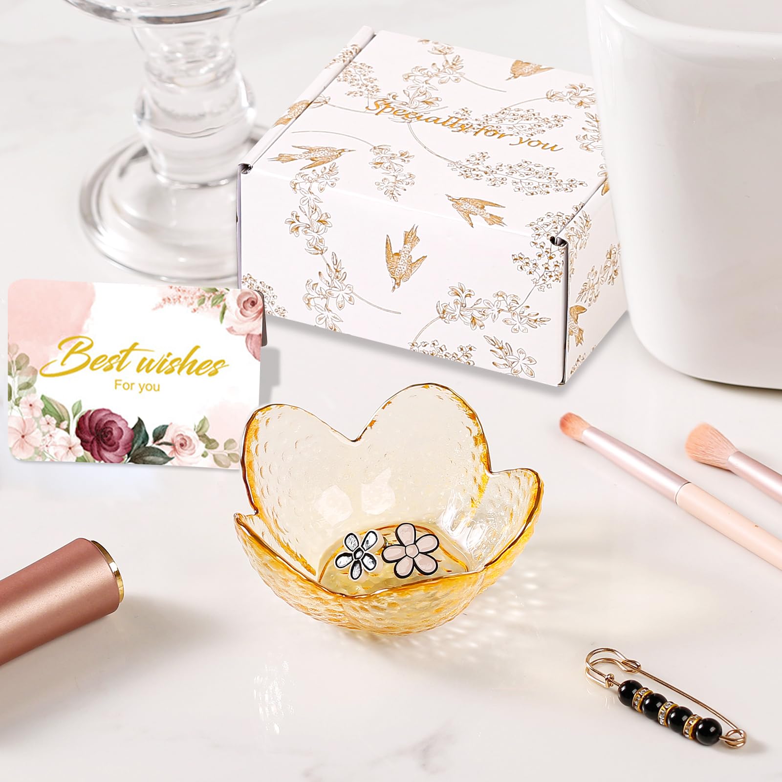 Yellow Flower Ring Dish Jewelry Dish Glass Jewelry Tray Small Trinket Tray Ring Holder Dish Cute Room Decor Aesthetic Bathroom Decor House Warming Engagement Birthday Gifts for Women Stocking Stuffers