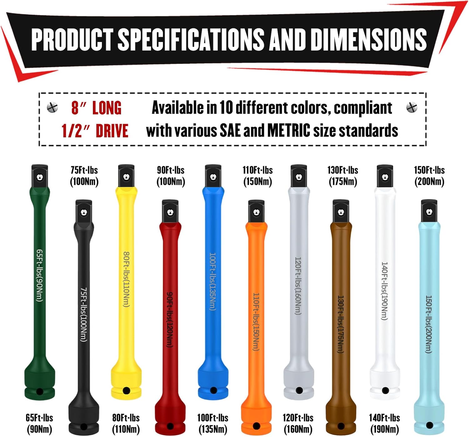 YIYITOOLS 10Pcs 1/2" Drive Torque Limiting Extension Bar Set, 8" Long Torque Sticks (65-150 Ft-Lbs), Impact Socket Extensions with Storage Case, Color-Coded, for Lug Nuts, Tire Repair