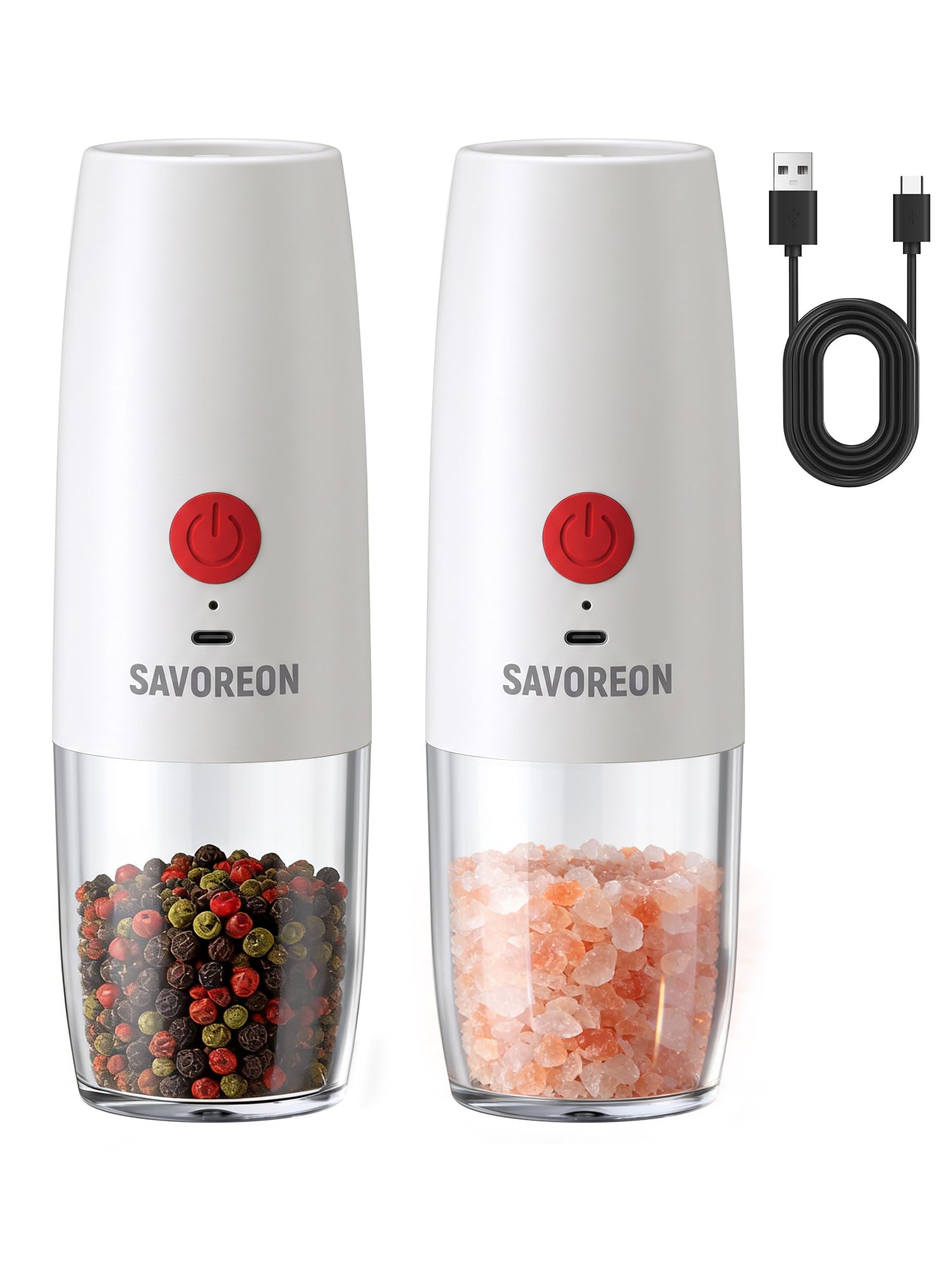 SAVOREON Rechargeable Electric Salt and Pepper Grinder Set - 150ml Large Capacity, Fast USB Charging, Ceramic Core, One-Handed Automatic Grinding, Adjustable Coarseness, Home & Kitchen Gadgets (White)