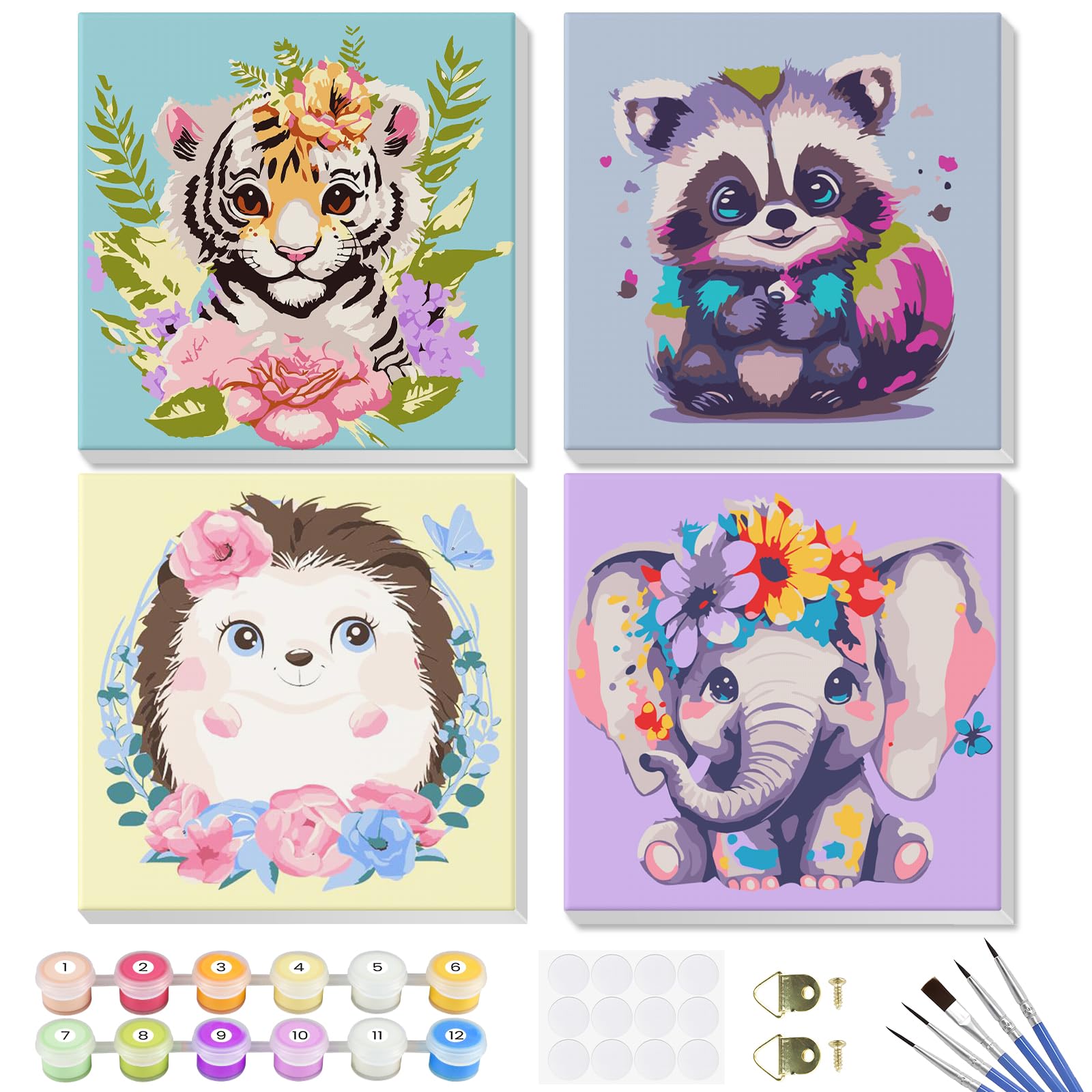 4 Pack Paint by Numbers Kits for Kids with Wooden Frame-Cartoon Animal Painting by Numbers for Kids Adults Beginners, Easy Paint by Numbers Kit Crafts for Kid Paint by Number for Wall Decor(8X8inch)