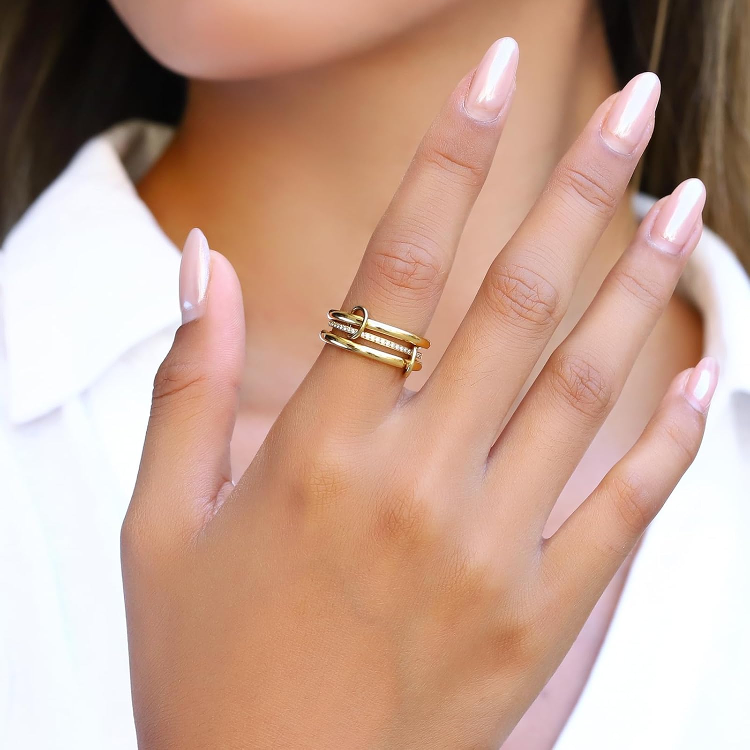 Gold Stackable Rings for Women,18K Gold Plated with Cubic Zirconia,Gold Stacked Multi Ring Interlocking Mixed Stacked Rings for Women Non Tarnish Size 5-10 - Image 4