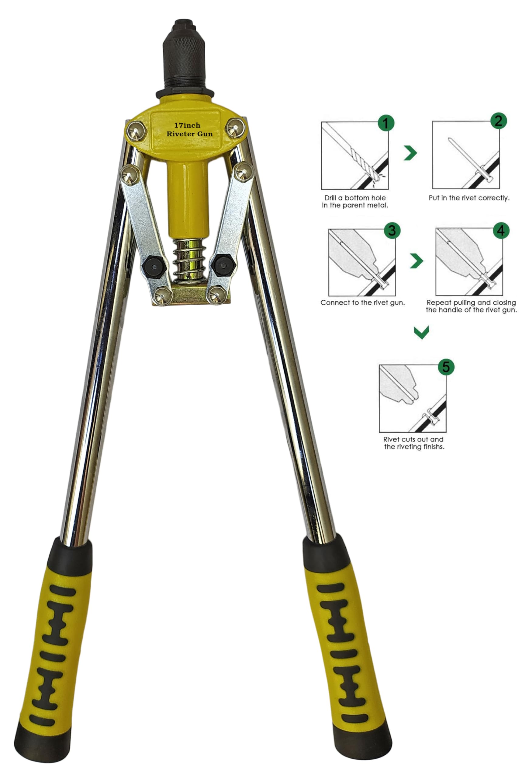 Inditrust 17inch 425mm Hand Riveter Gun, Riveting Tool Fast Hitting Rivet Gun with 5 type Pop Rivets and GLOVES (with 150 Rivets) 3