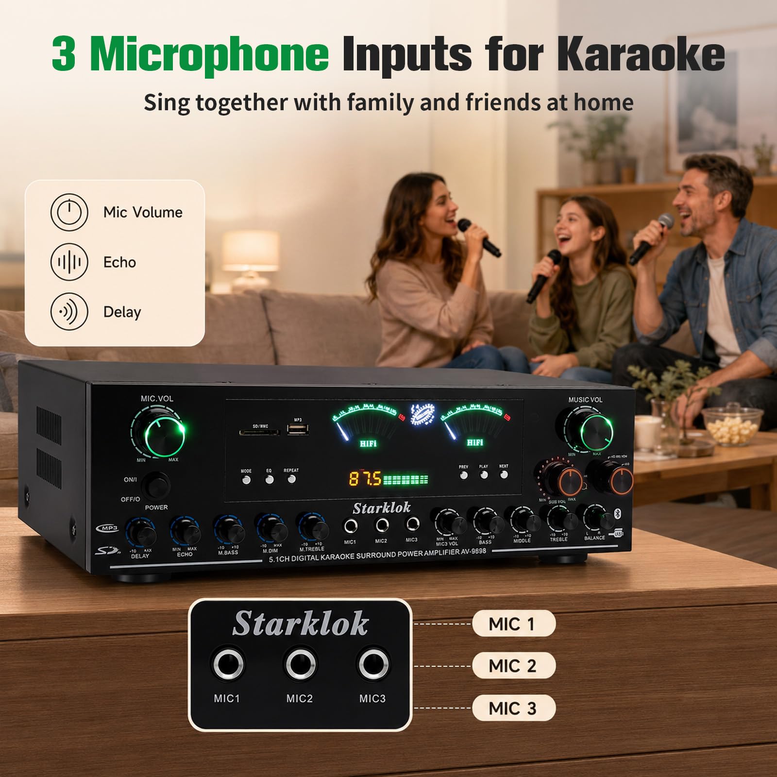 Amplificatore stereo HiFi a 5.1 canali, potenza di picco 3000 W, subwoofer, home theater, amplificatore con Bluetooth 6.0, riproduzione USB/SD, 3 ingressi microfono, 8 livelli terminali con sistema di