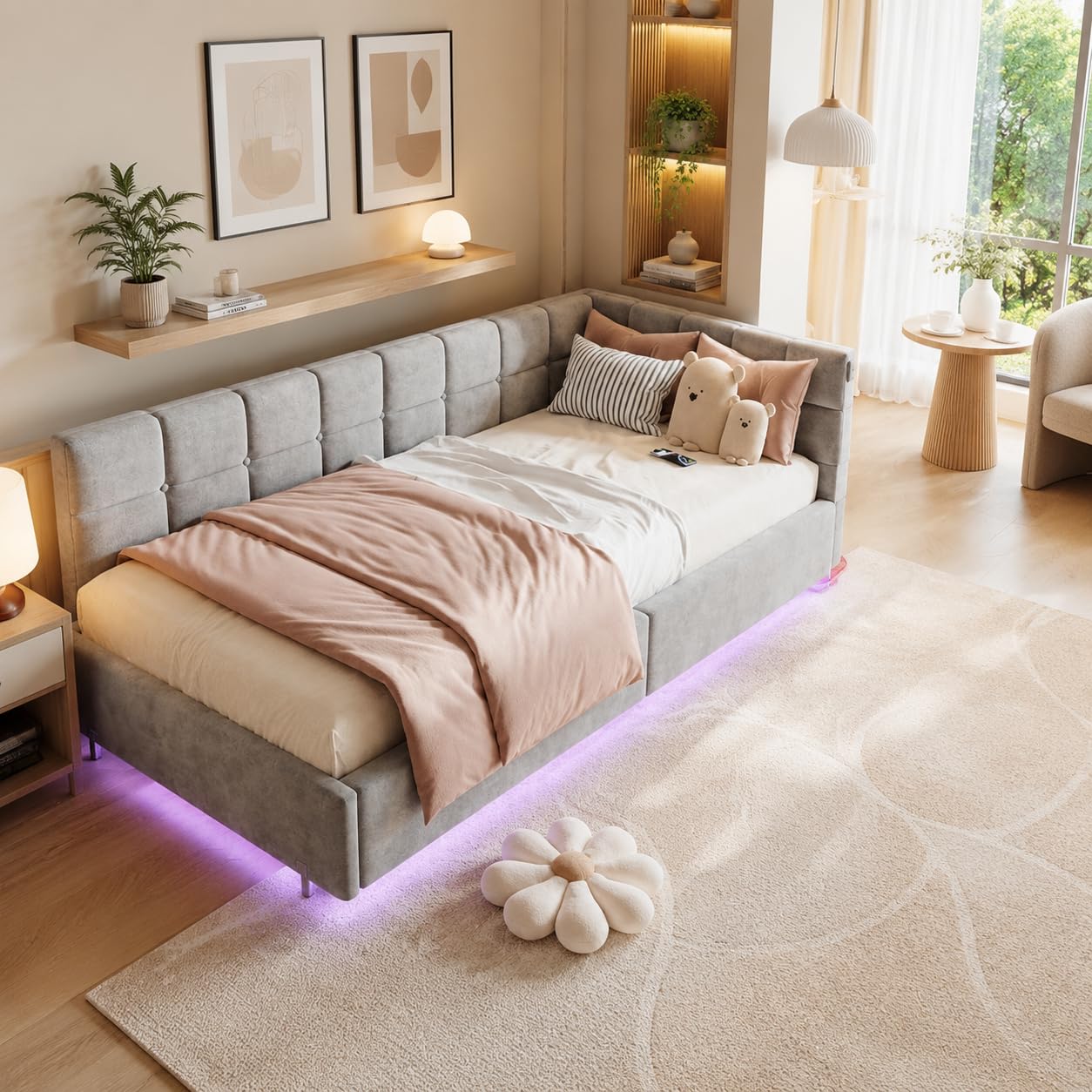 Hydrauliquet rozkładana sofa 90 x 200 cm, łóżko bagażowe 90 x 200 z LED i gniazdem USB, aksamitna tkanina, 1-osobowa sofa łóżko pojedyncze ze stelażem na listwę, rama łóżka dla dzieci i młodzieży