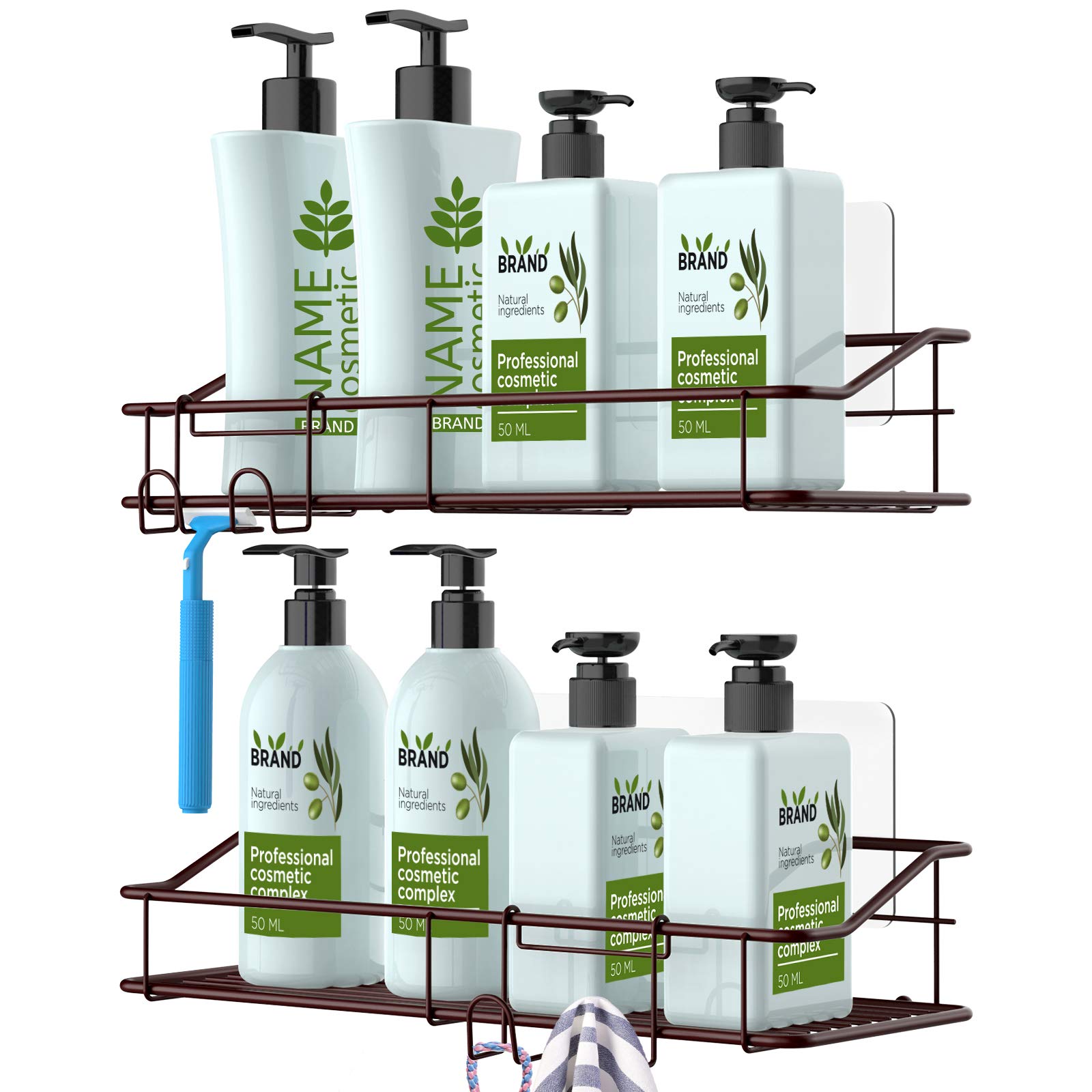 Nieifi Shower Caddy Shelf Storage Rack Adhesive Without Drilling Stainless Steel with Hooks for Washroom, Lavatory, Restroom, Toilet, Bathroom, Kitchen - 2 Pack Bronze