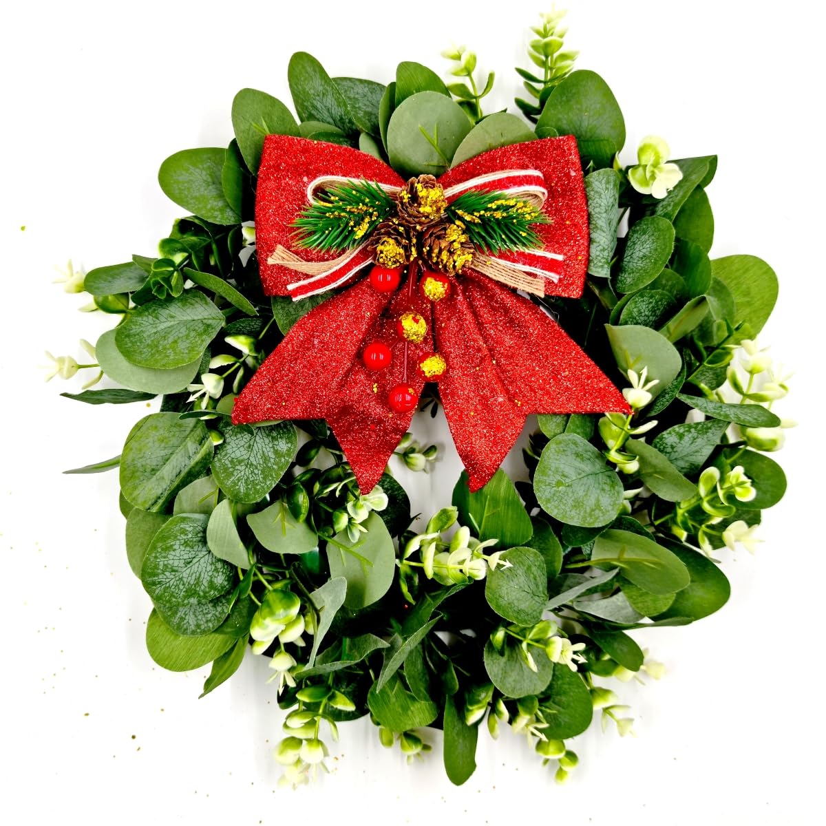 HAOSHICS Christmas Wreath Green Leaves Wreath for Front Door Artificial Eucalyptus Wreath Christmas Decorations Indoor and Outdoor Holiday Decorations 12in (Red)