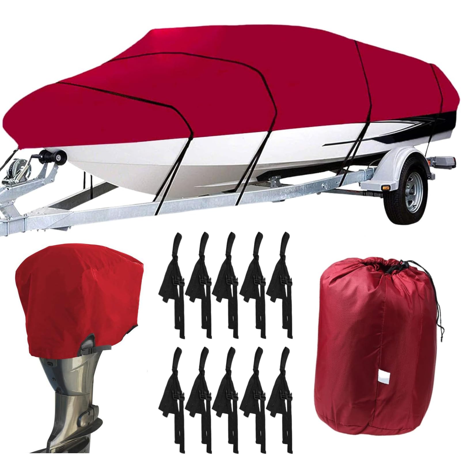 Boat Cover with Motor Cover 11-22 Ft, 600D Heavy Duty Waterproof Boat Cover, UV Resistant Fishing Boat Cover, Trailerable Boat Cover fits V-Hull Tri-Hull Runabouts (Red, 20-22ft)