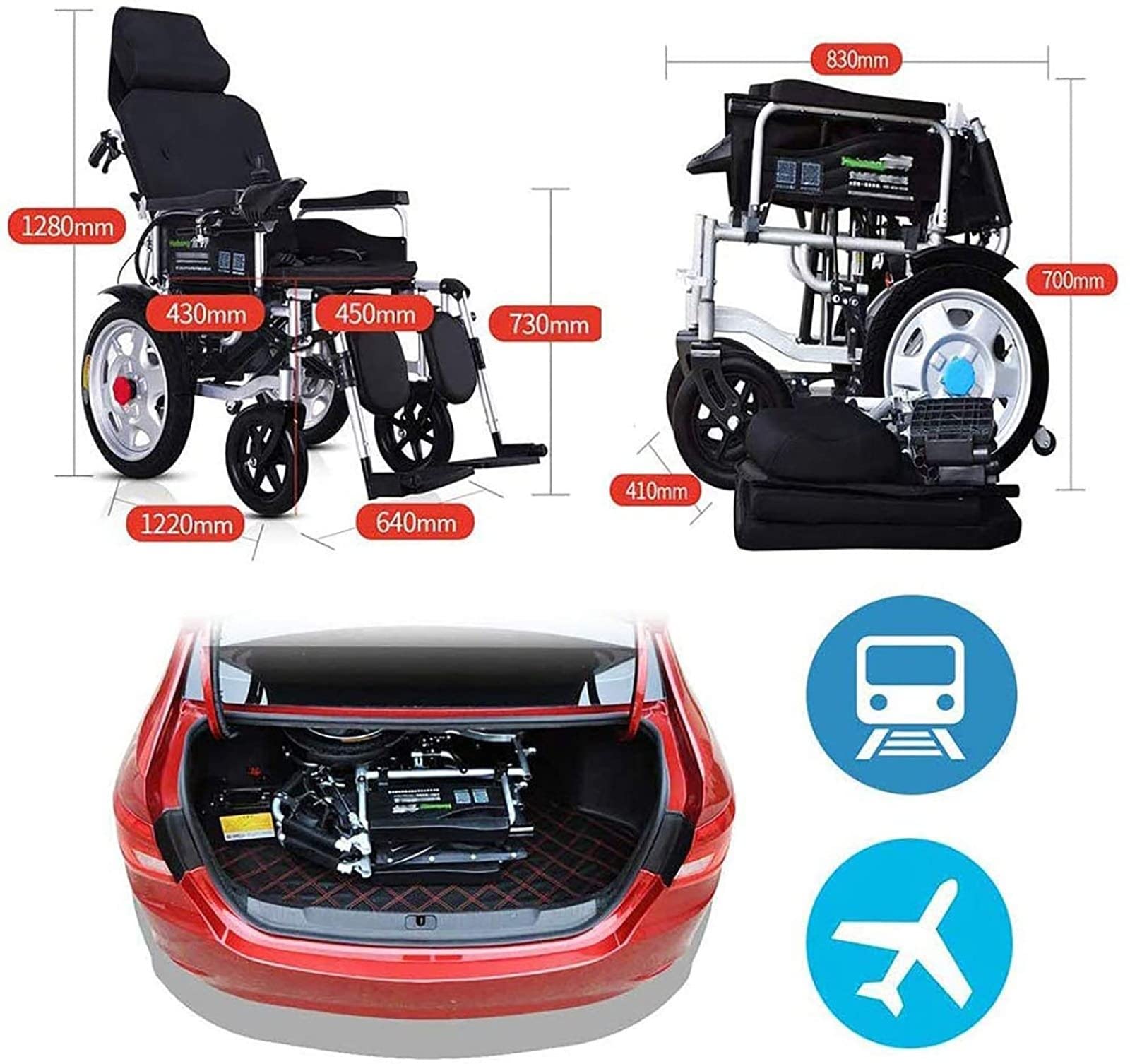 Silla de Ruedas Eléctrica Portátil CZCZ, Negro, Ligera y Plegable con Reposacabezas, Respaldo Ajustable y Joystick, 12AH