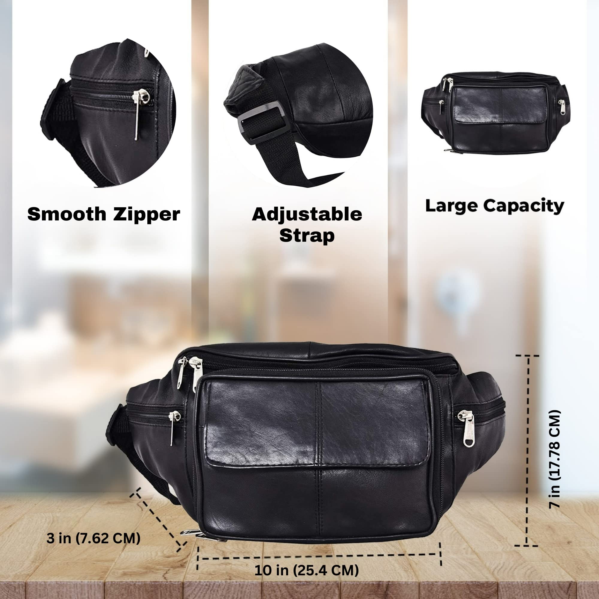 Liberty Leather Torba biodrowa, wiele kieszeni, do użytku na zewnątrz, w podróży, regulowany pasek biodrowy, do chodzenia, jazdy na rowerze, biegania, moda, Czarny, Jeden rozmiar, 515