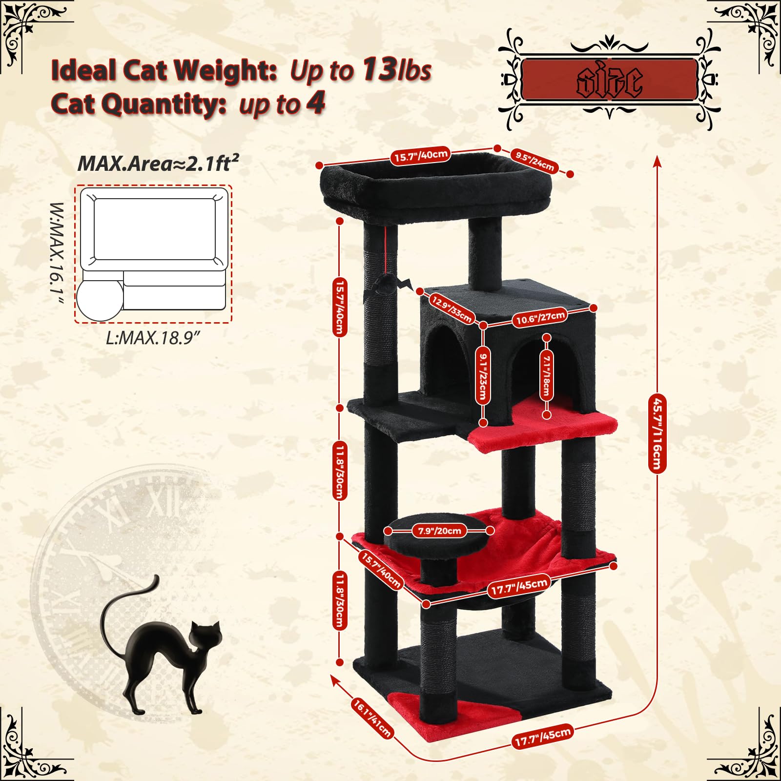 PAWZ Road Drapak 116 cm, stabilny, z grubą płytą podłogową, pluszowy hamak, 6 poziomów, sizalowy słupek do drapania, 2-drzwiowy domek dla kotów, czarny