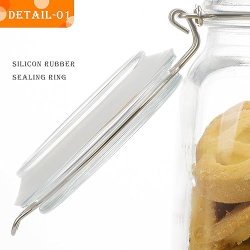 Miniatura 4 de Tarros cuadrados de vidrio de 50 onzas para almacenamiento de alimentos con tapas herméticas de abrazadera, paquete de 3 recipientes grandes de