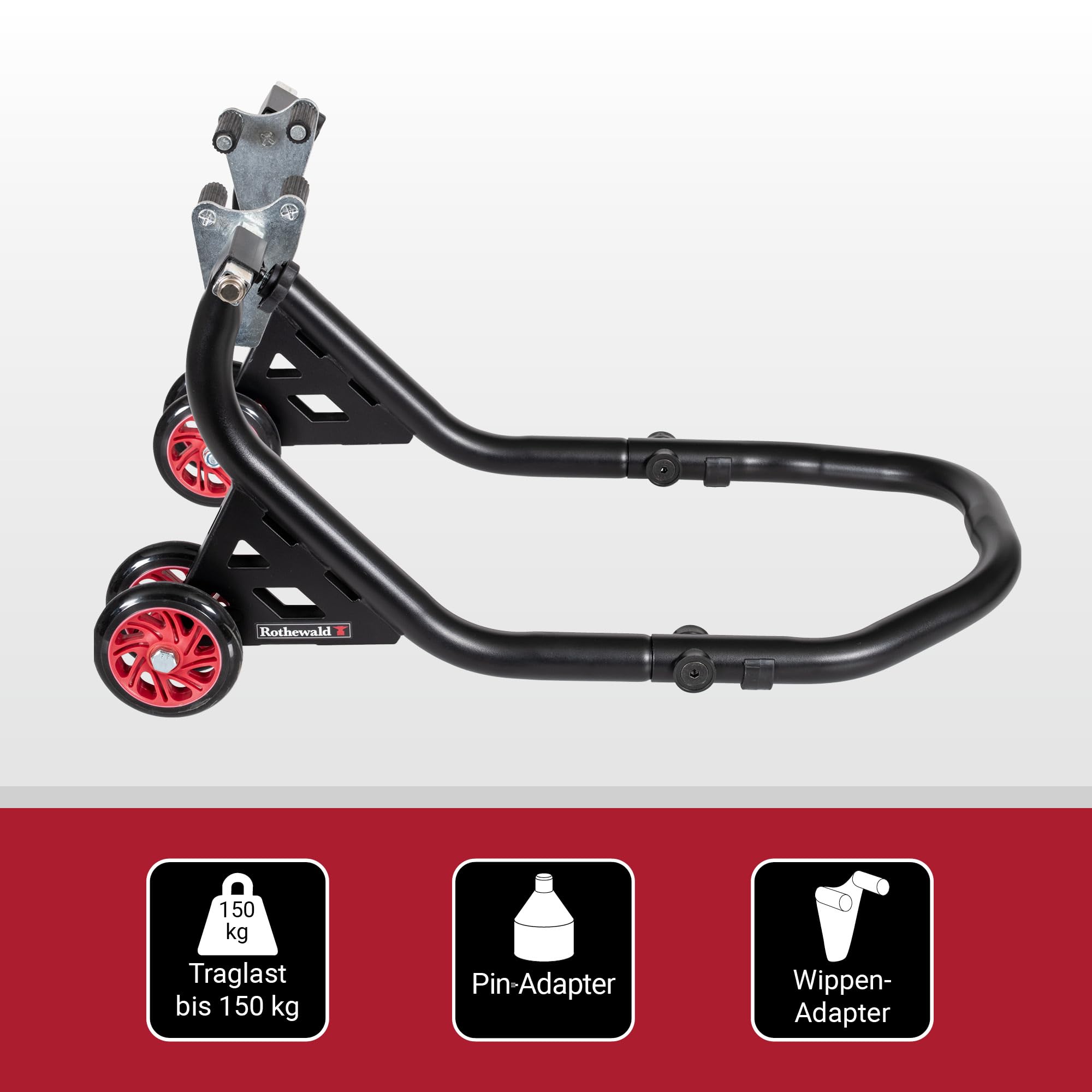 Rothewald Front-Motorradheber aus Stahl, Universal-Pinadapter, bis 300 kg, Hohe Stabilität & Standfestigkeit, Montageständer, mit Doppelrollen, Leichtes Aufbocken