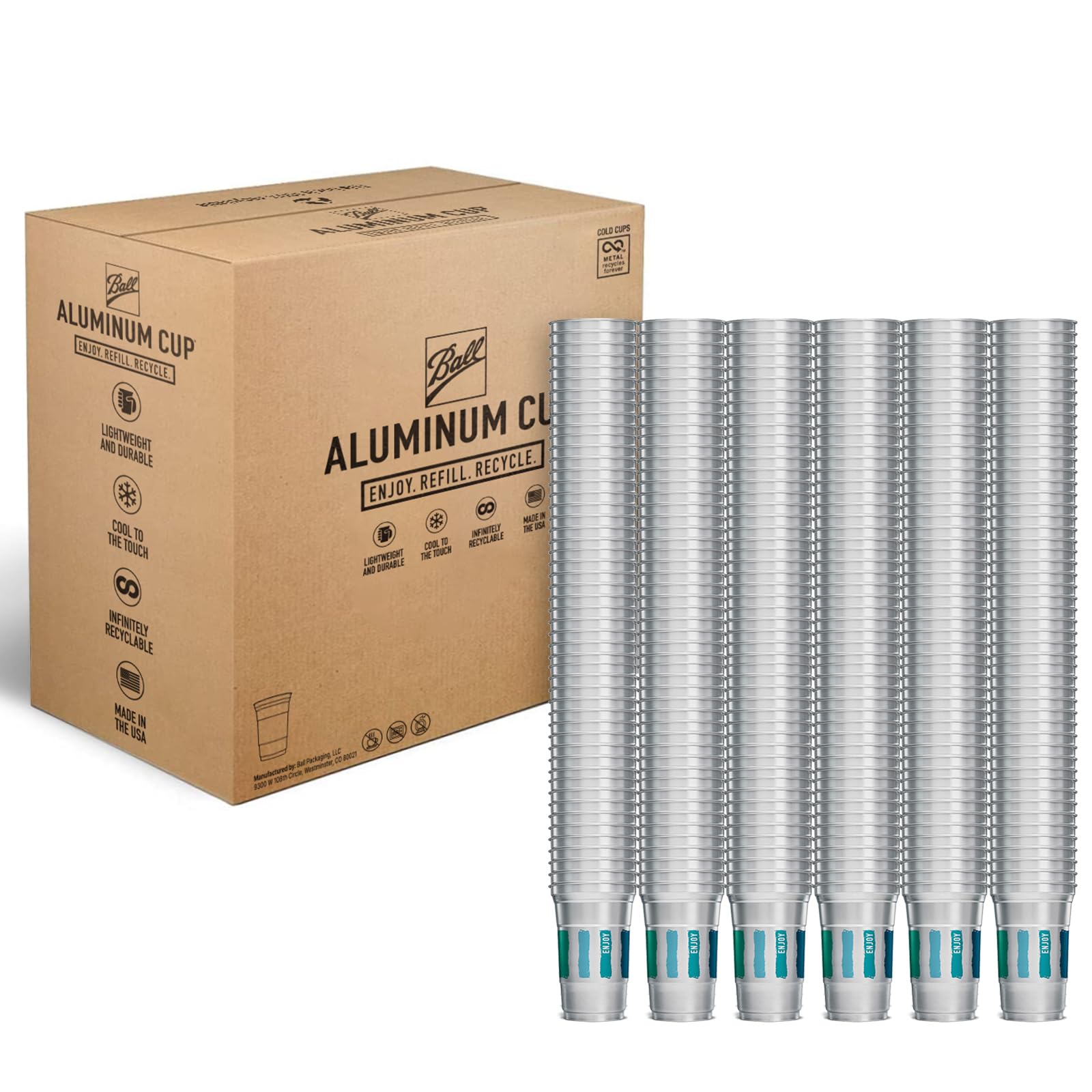 Ball Aluminum Cup Recyclable Party Cups, Wholesale Bulk Pack, Everyday Logo, 20 oz. Cup, 600 Cups Per Pack