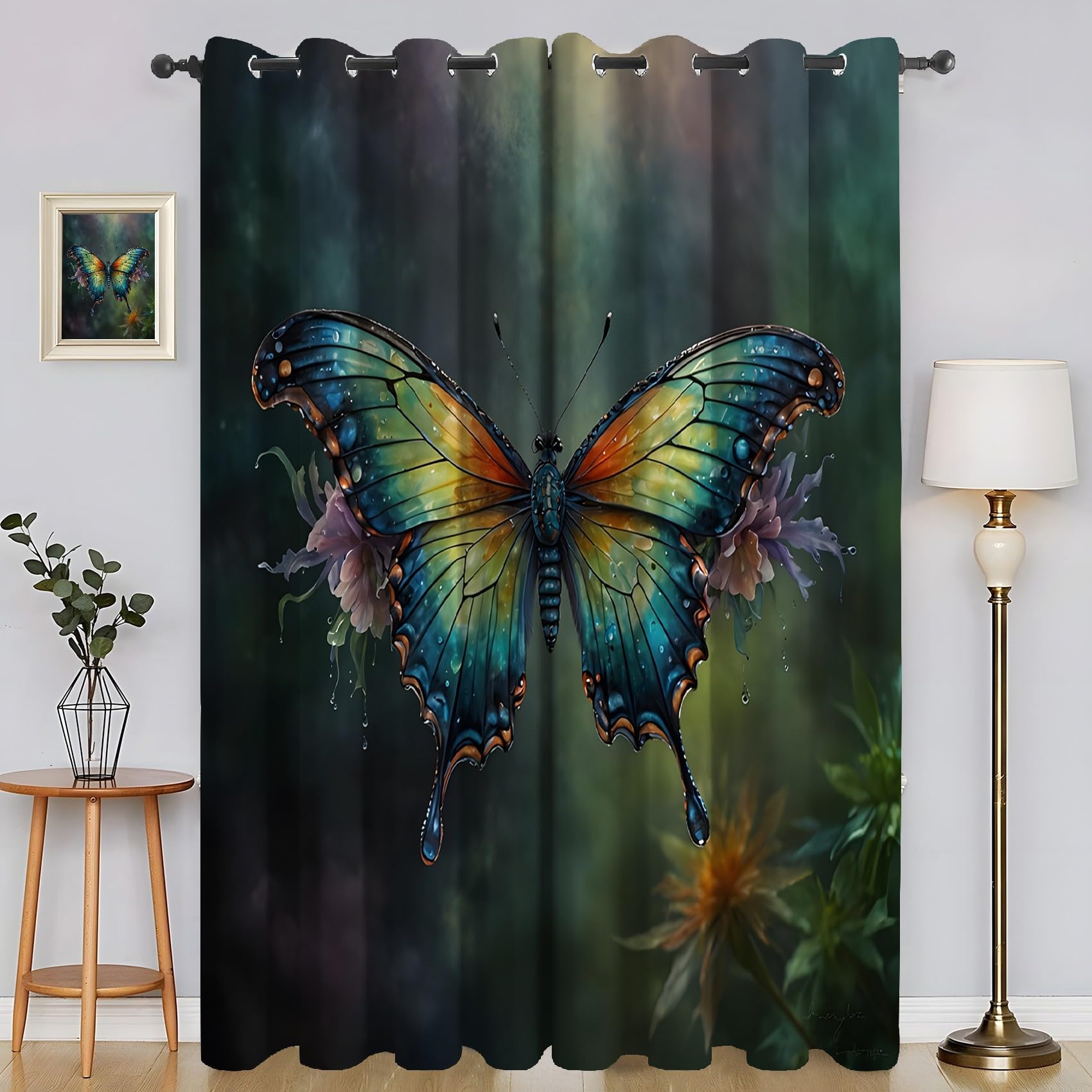 Genérico Niebieskie i zielone zasłony dekoracyjne motyl - termiczne nieprzezroczyste 2 sztuki 140x145cm, izolowane zimno/ciepło do salonu i sypialni z pierścieniami SA1183
